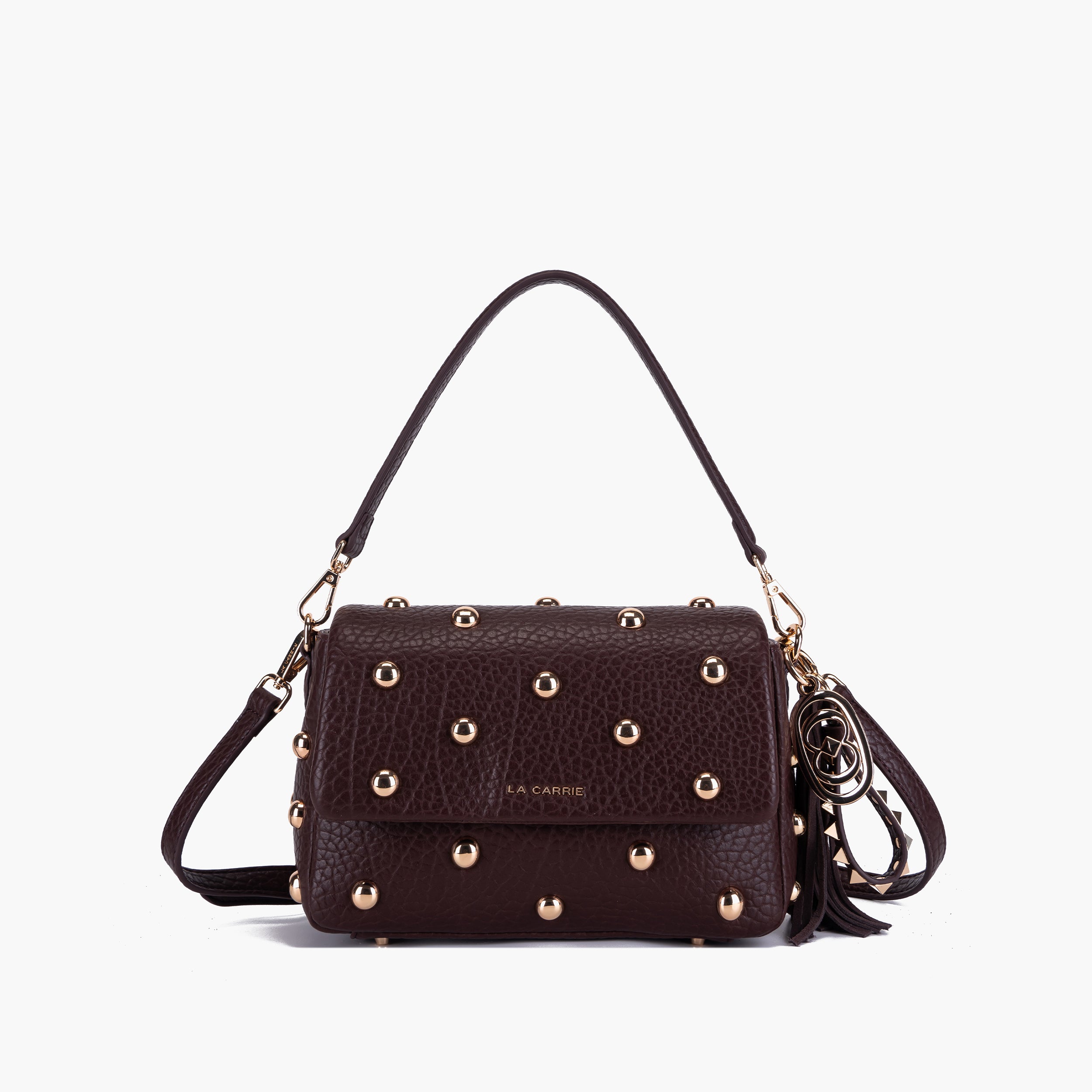 Borsa tracolla in similpelle bordeaux decorata con borchie oro La Carrie
