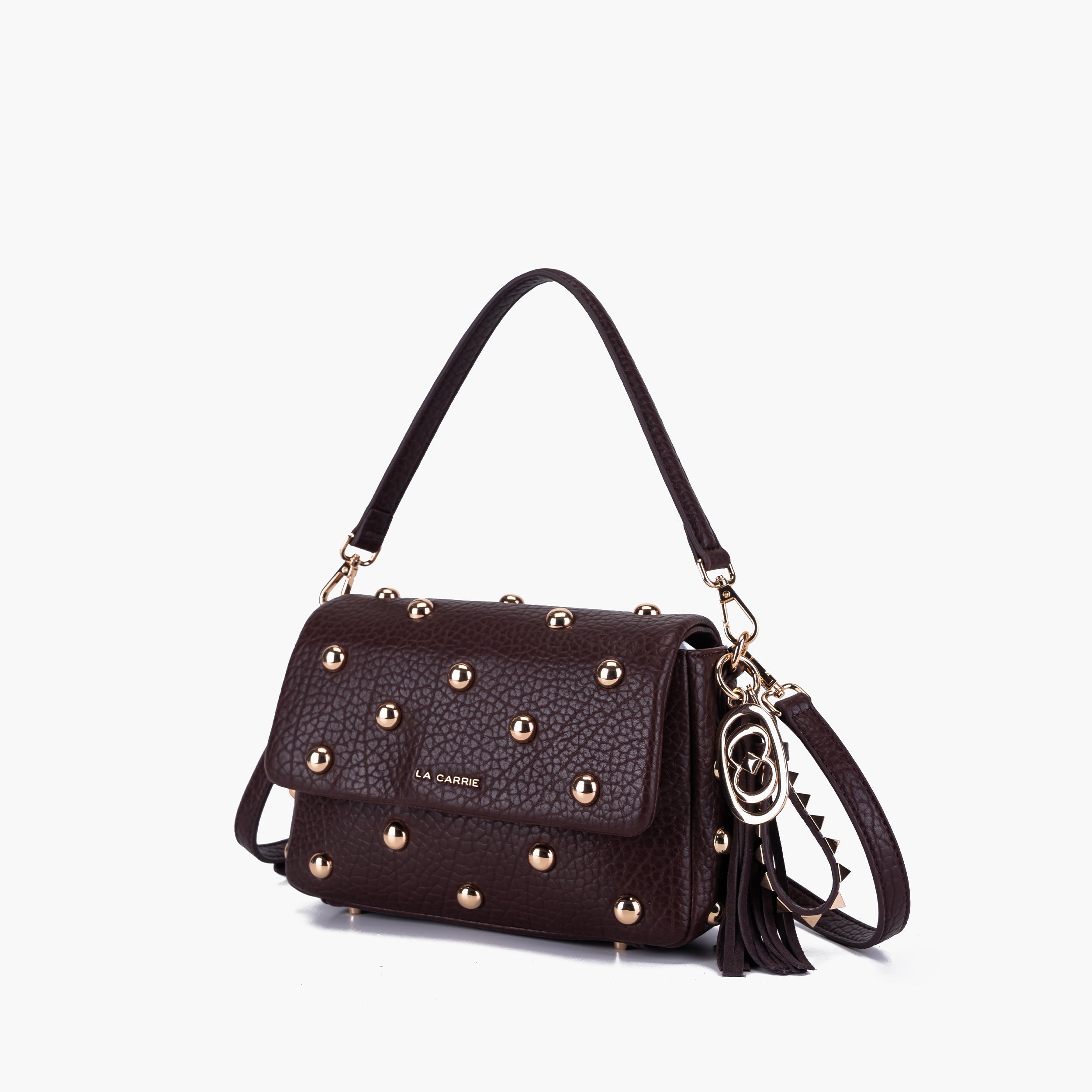 Borsa tracolla in similpelle bordeaux decorata con borchie oro La Carrie