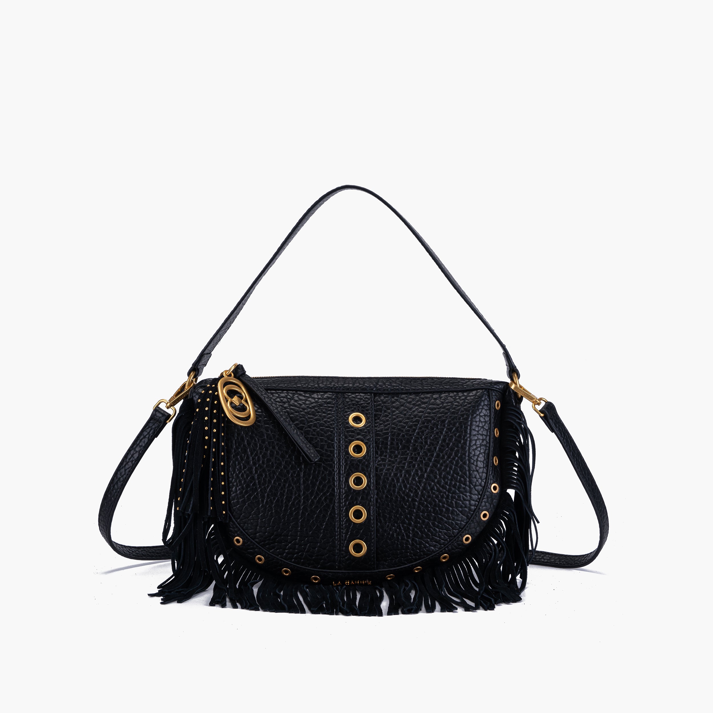 Borsa a spalla media, mezza luna con frange nera La Carrie
