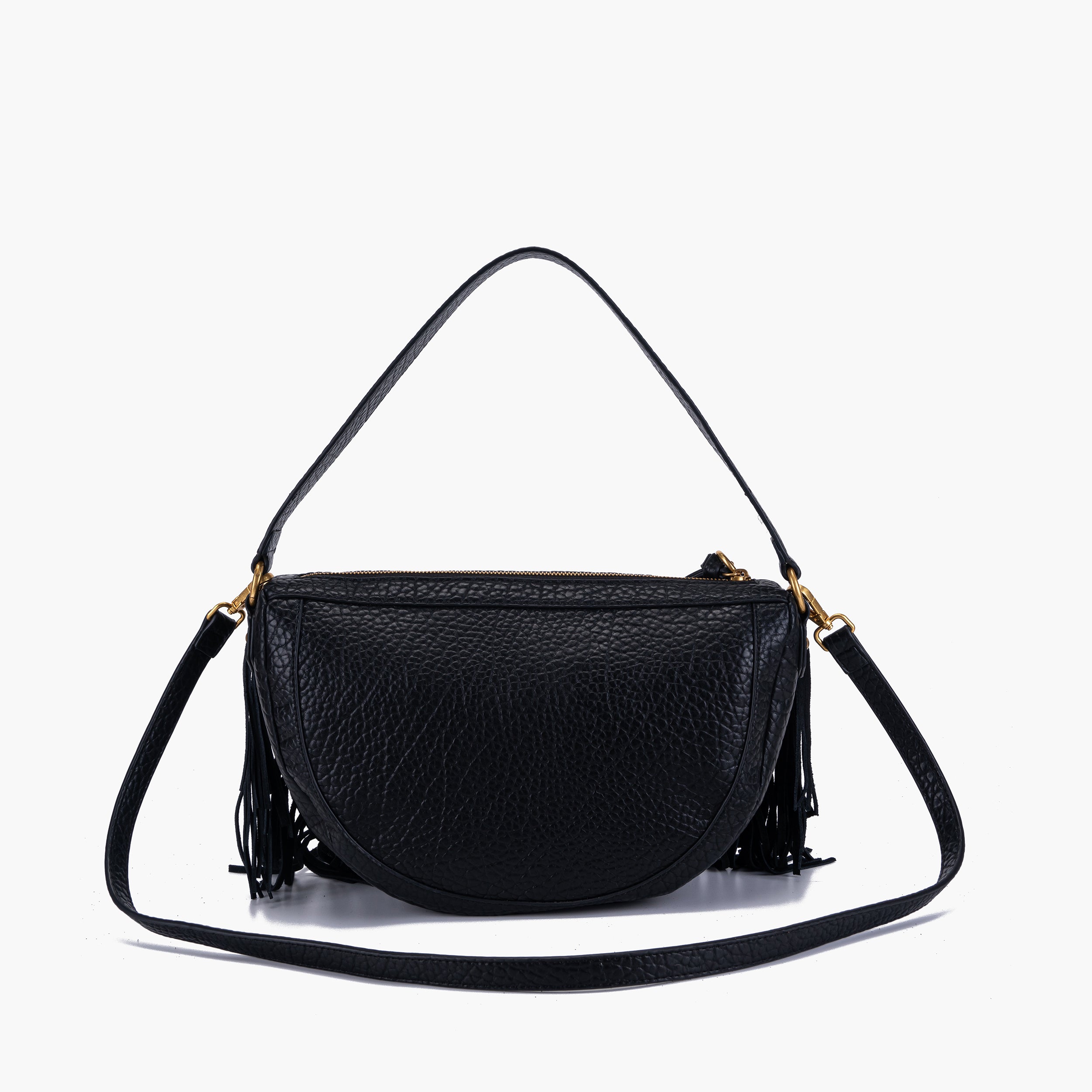 Borsa a spalla media, mezza luna con frange nera La Carrie