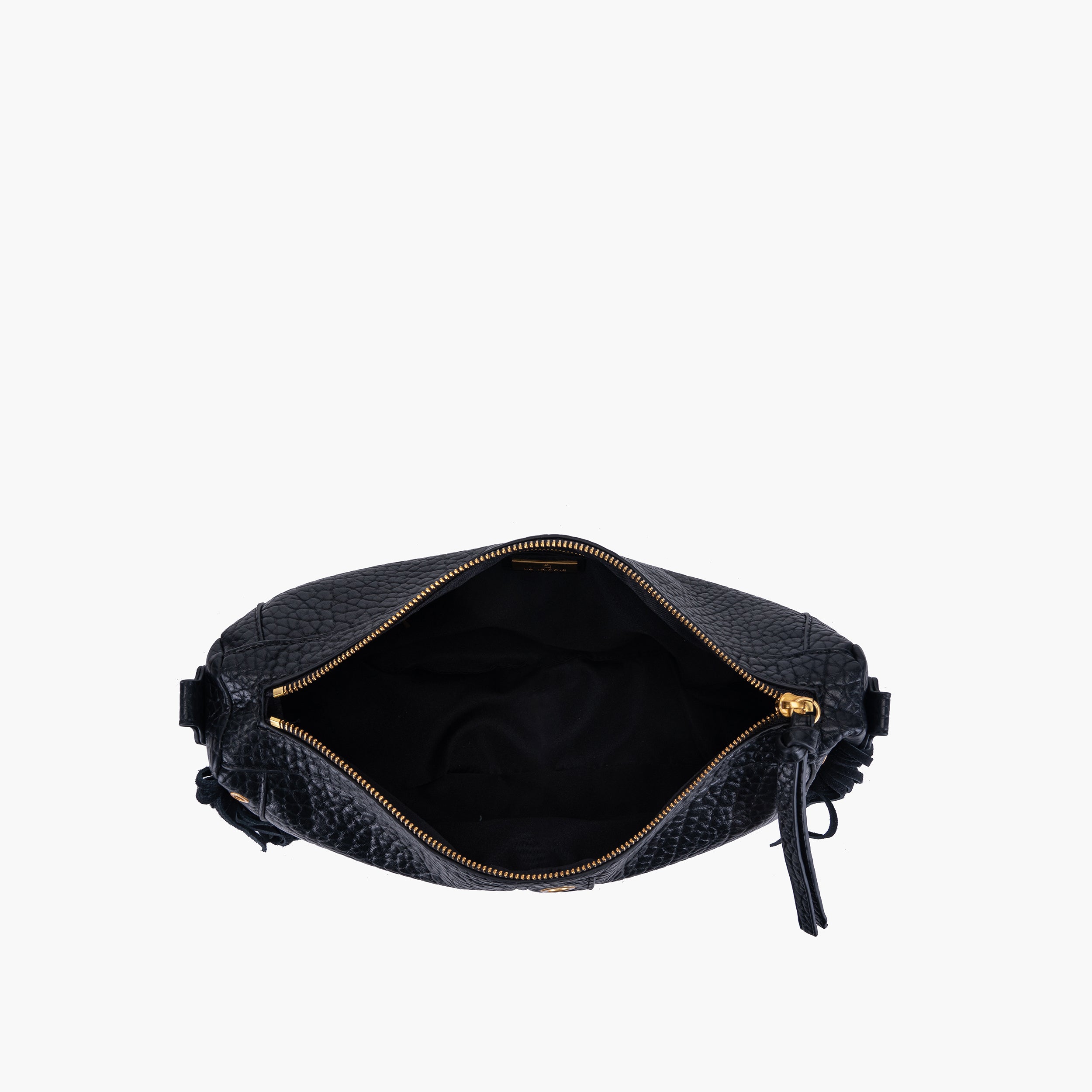Borsa a spalla media, mezza luna con frange nera La Carrie