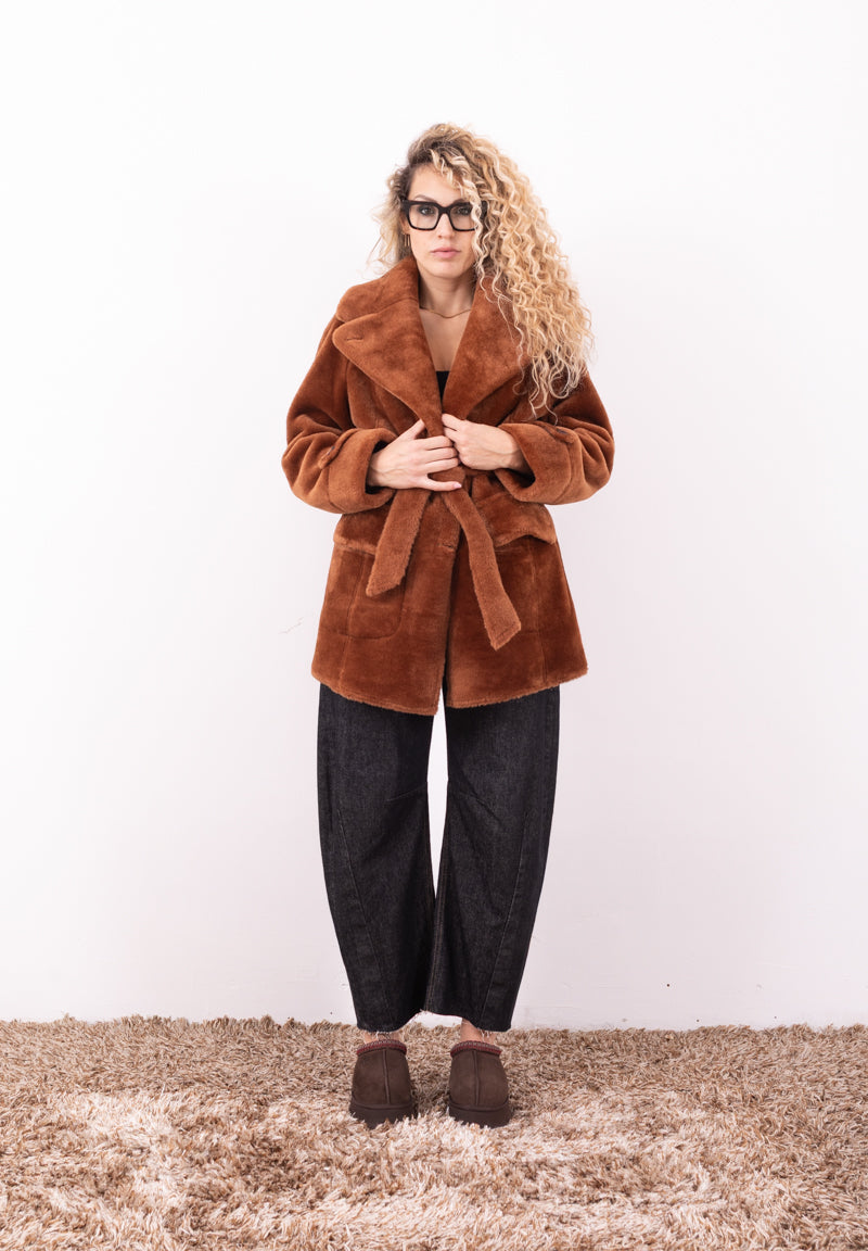 Cappotto Reversibile con Cintura Toffee | Effetto Merino e Faux Suede Urbancode