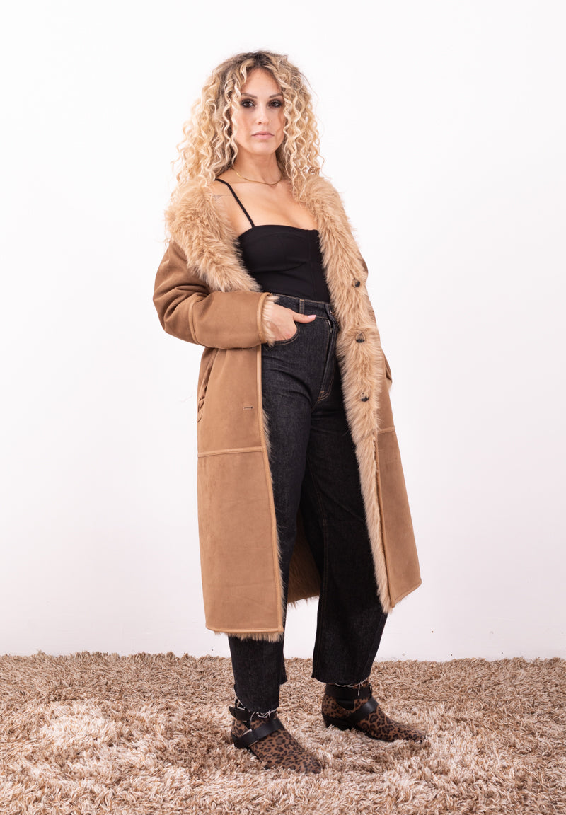 Cappotto Reversibile in Eco Pelliccia e Faux Suede Marrone | Urbancode