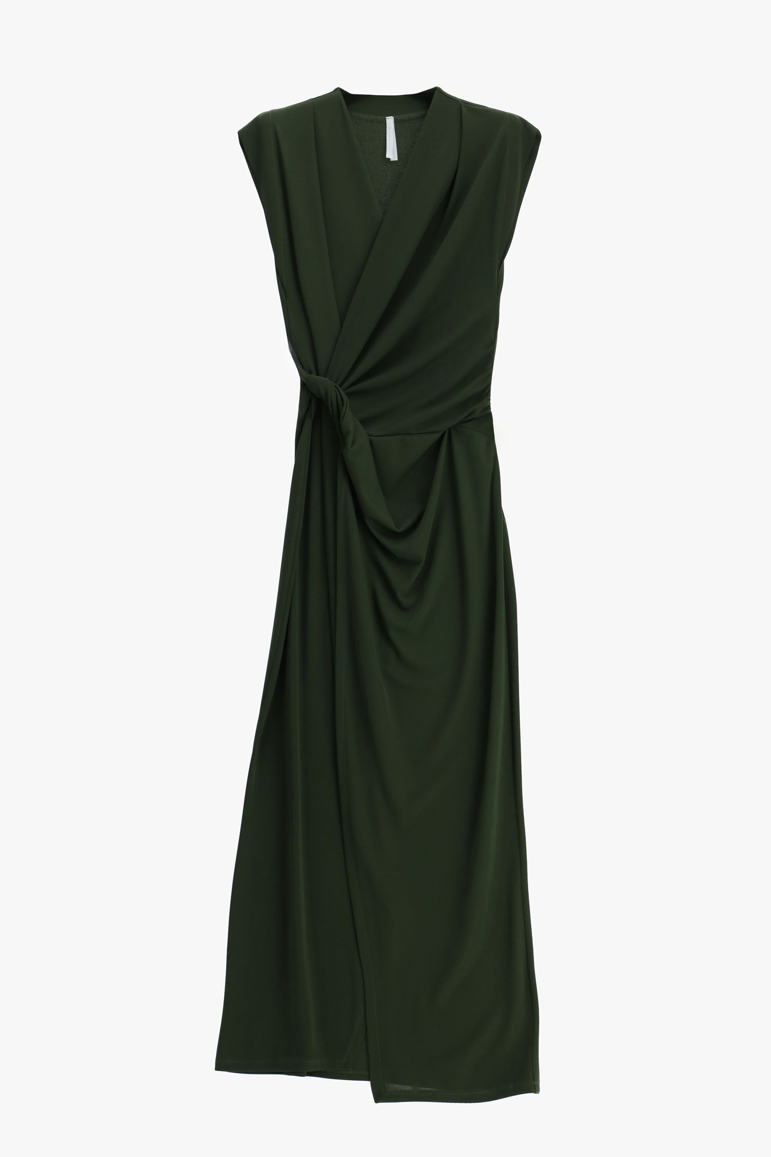 Abito Lungo Imperial Verde Militare – Scollo a V e Drappeggio Scultoreo