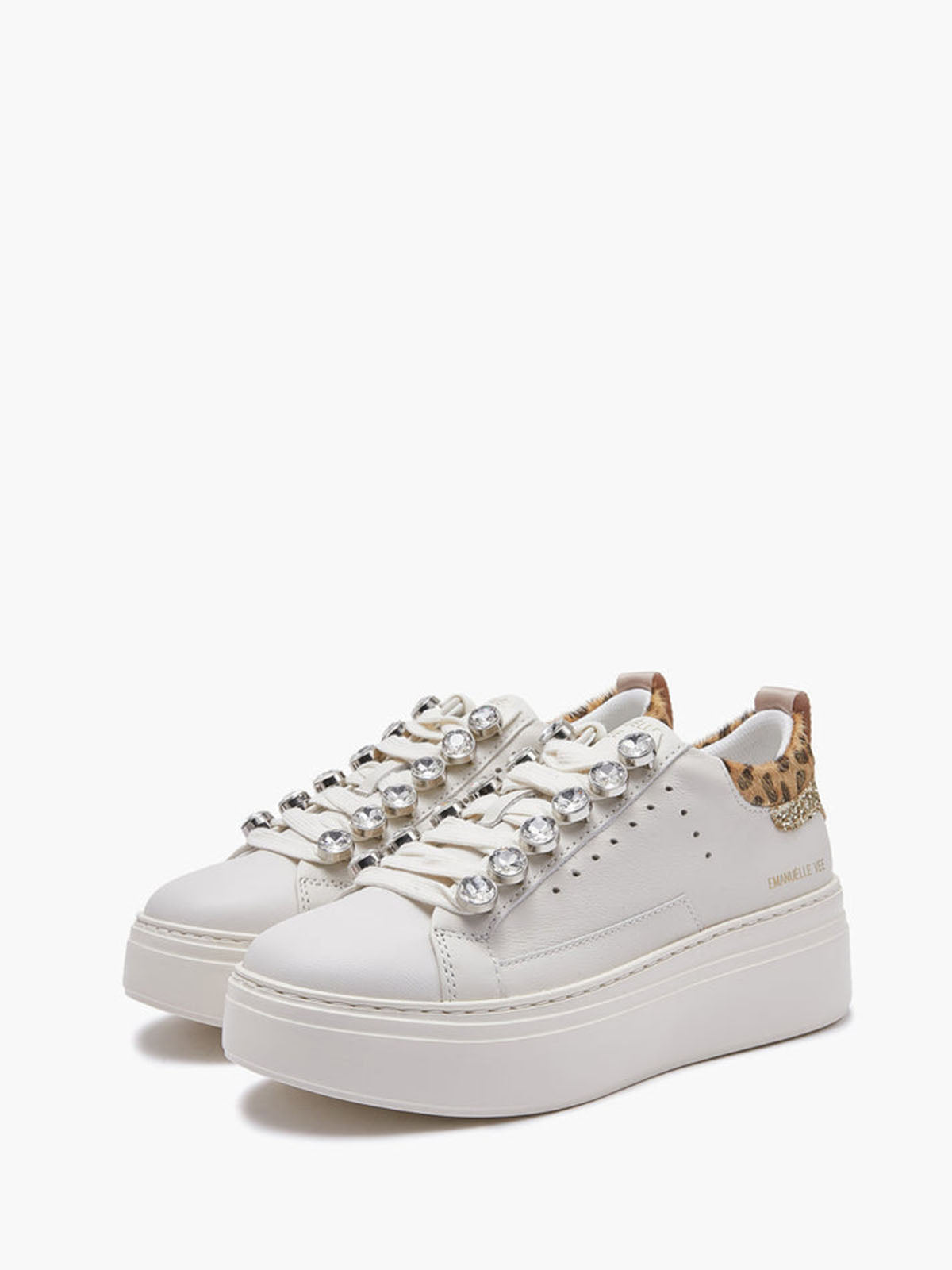 Sneaker bianca con maxi-strass, inserto animalier e glitter argento Emanuelle Vee