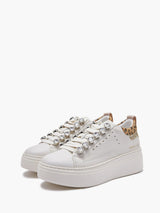 Sneaker bianca con maxi-strass, inserto animalier e glitter argento Emanuelle Vee