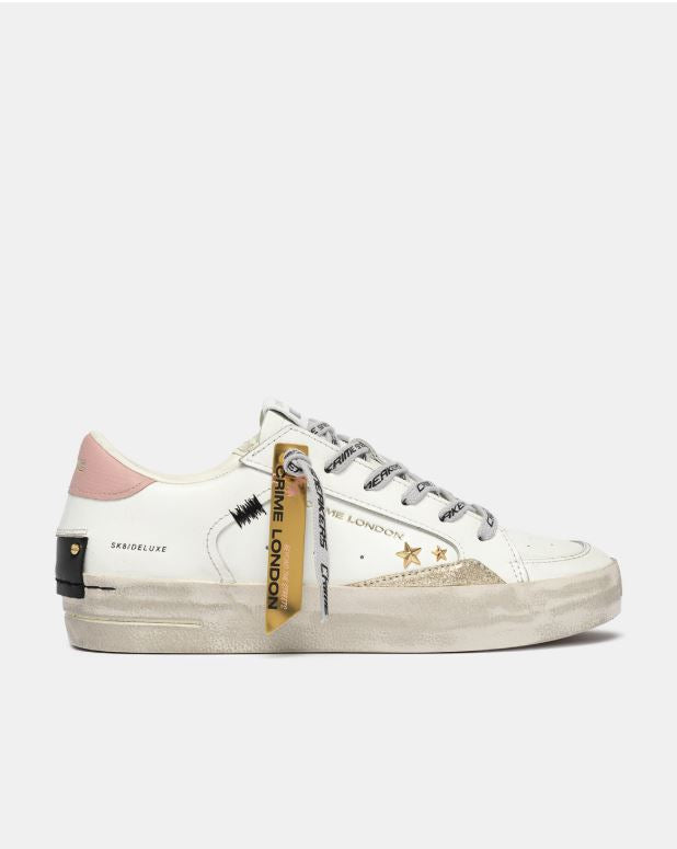 Sneakers Donna Crime London Skate Baby Pink 25103AA8.10 – In Pelle Bianca con Borchie, Suede Platino e Rosa Antico
