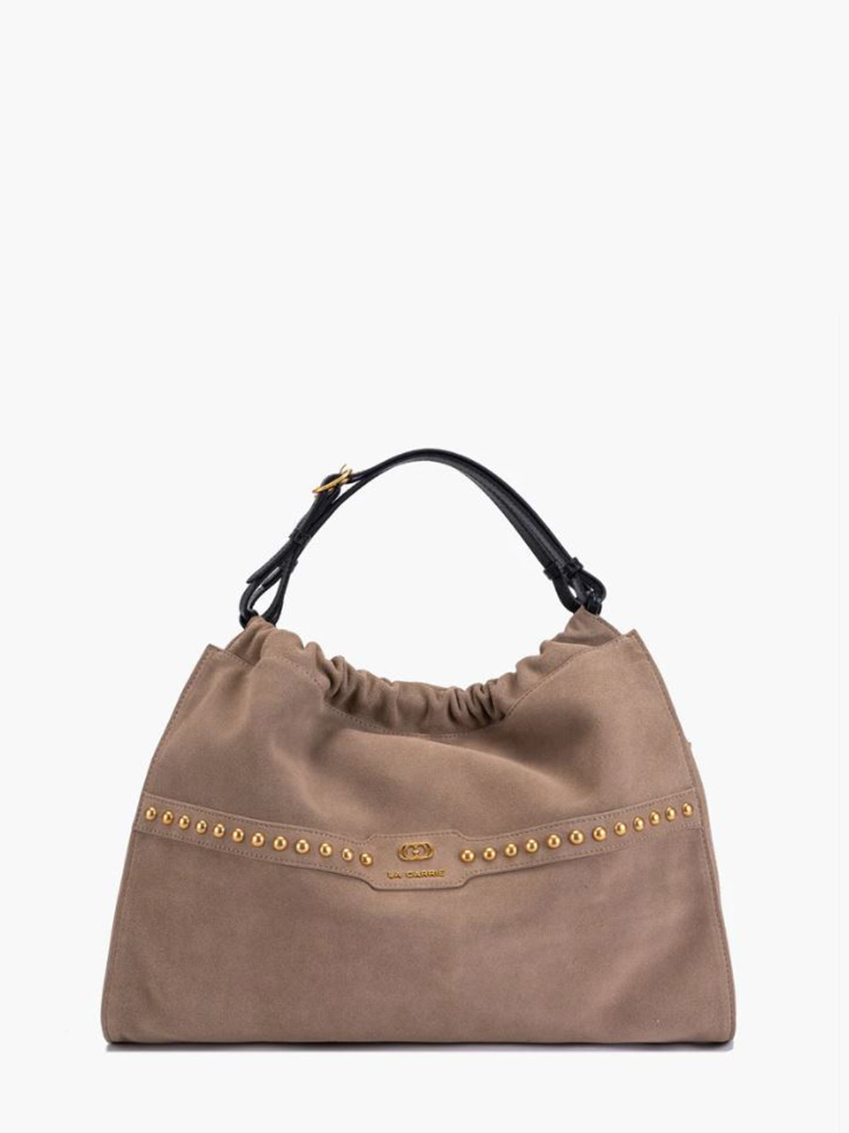 Borsa Shopping La Carrie Scamosciata Taupe con Stampa Etnica e Frange