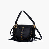Borsa a spalla media, mezza luna con frange nera La Carrie