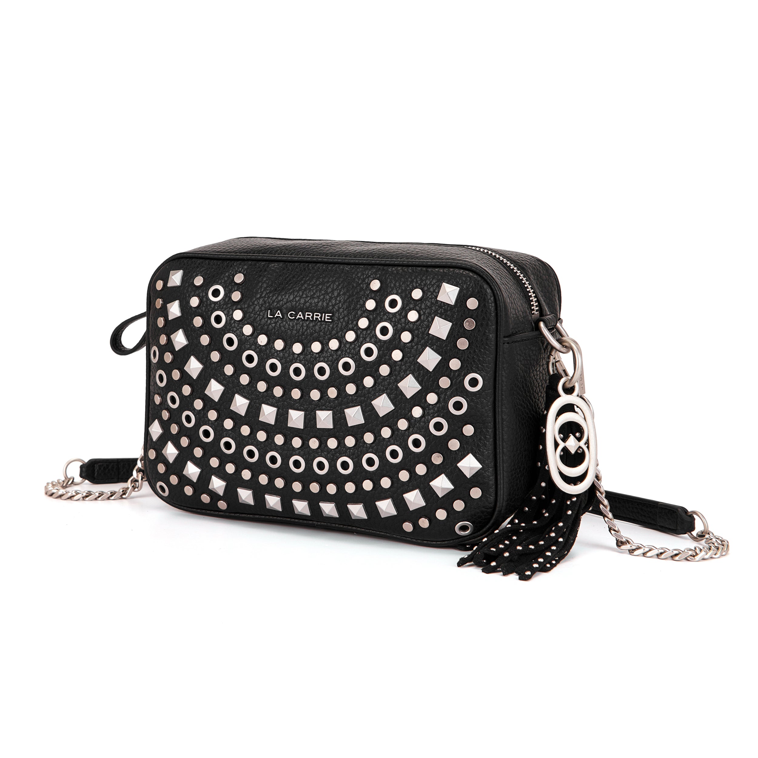 Borsa a Spalla La Carrie Solid Rettangolare in Ecopelle Nera con Borchie – Borsa Rock Chic