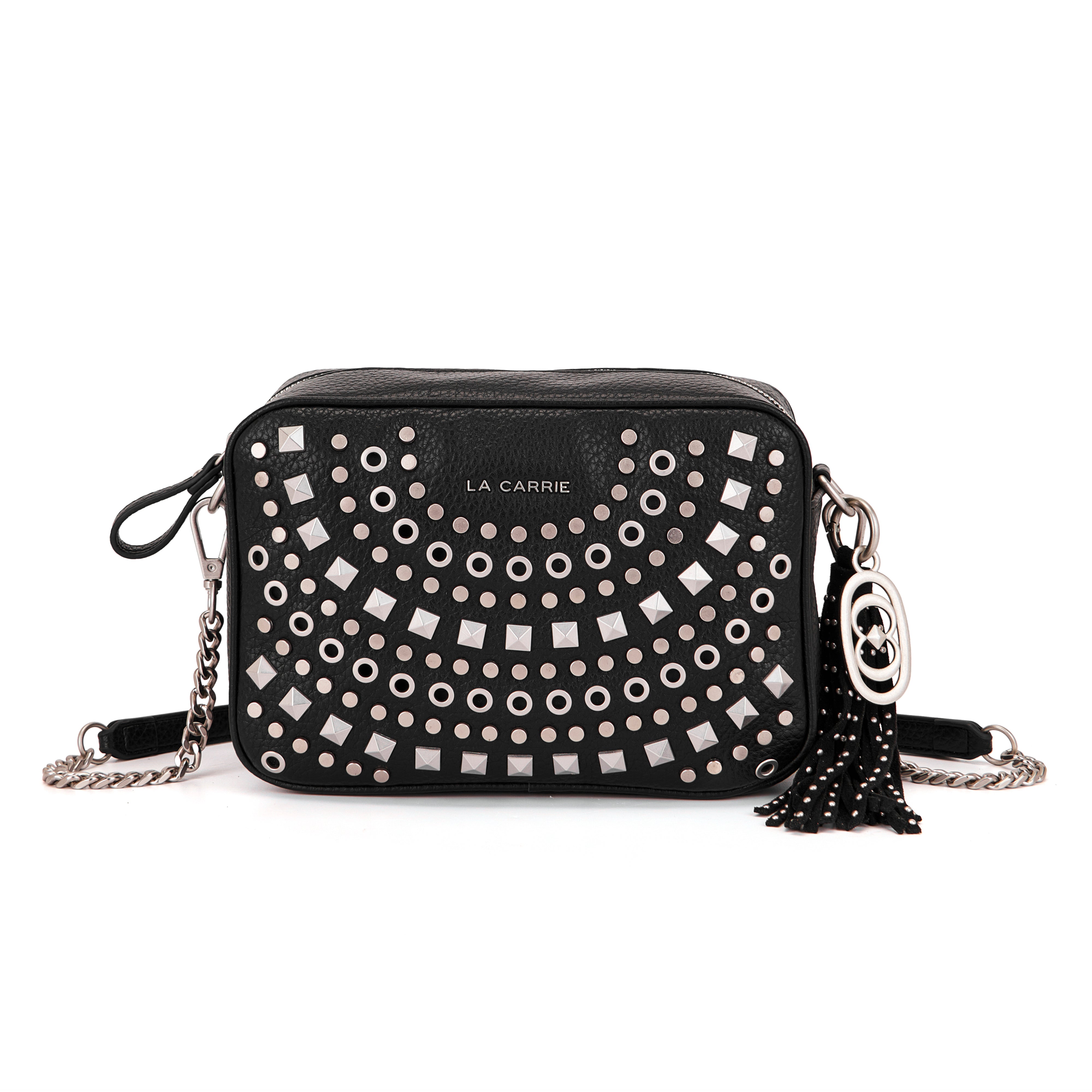 Borsa a Spalla La Carrie Solid Rettangolare in Ecopelle Nera con Borchie – Borsa Rock Chic