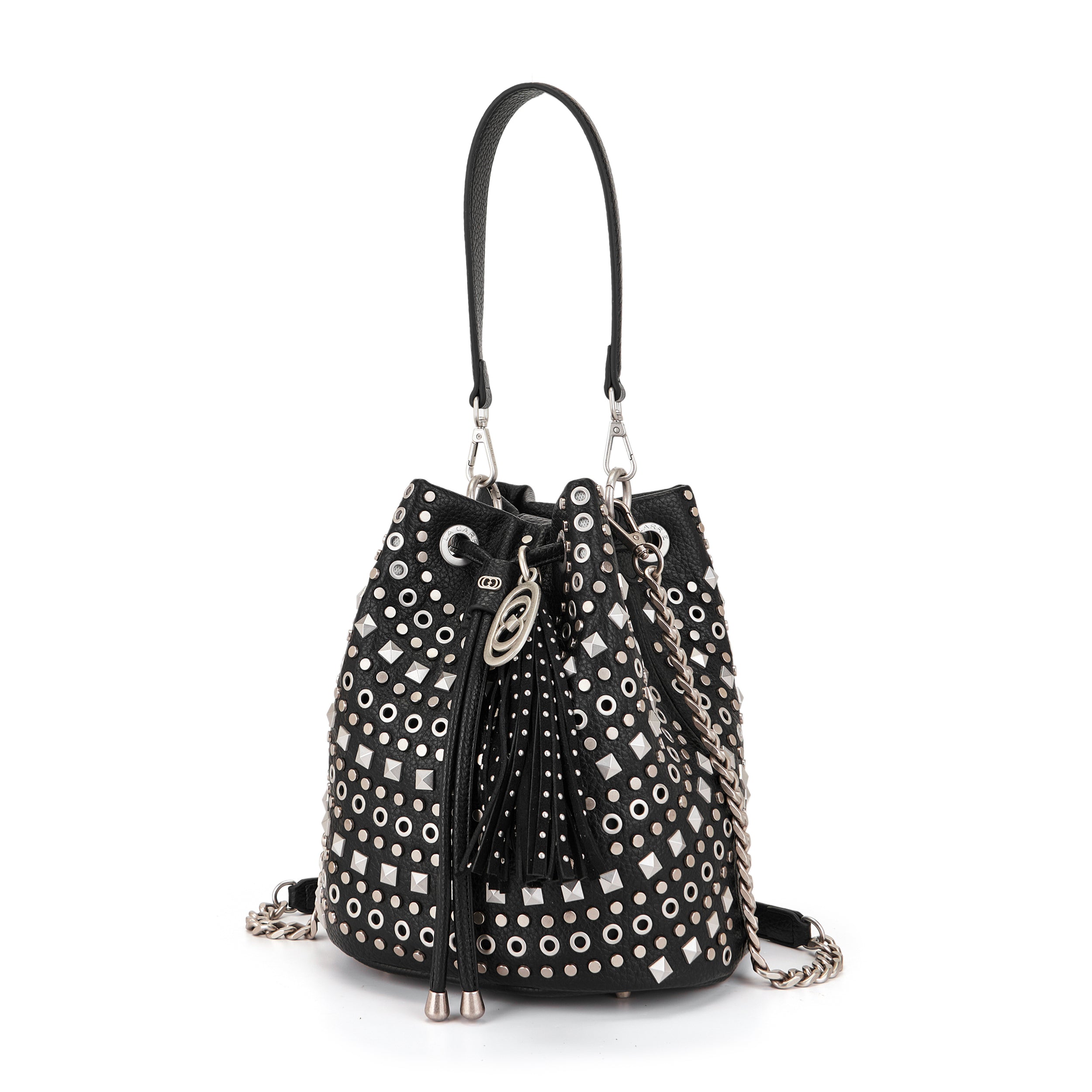 Borsa Secchiello La Carrie Solid in Ecopelle Nera con Borchie – Borsa a Spalla con Catena