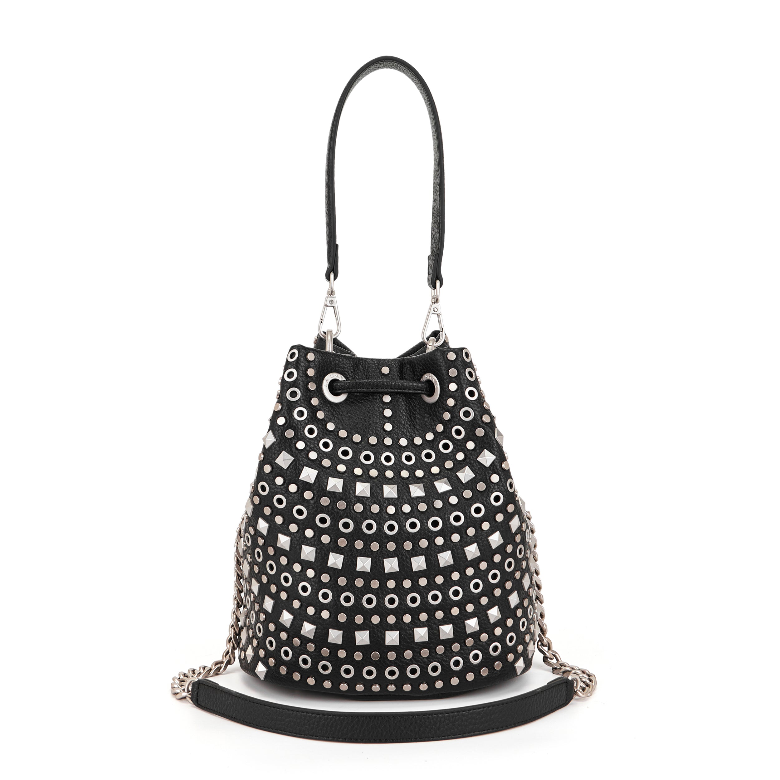 Borsa Secchiello La Carrie Solid in Ecopelle Nera con Borchie – Borsa a Spalla con Catena