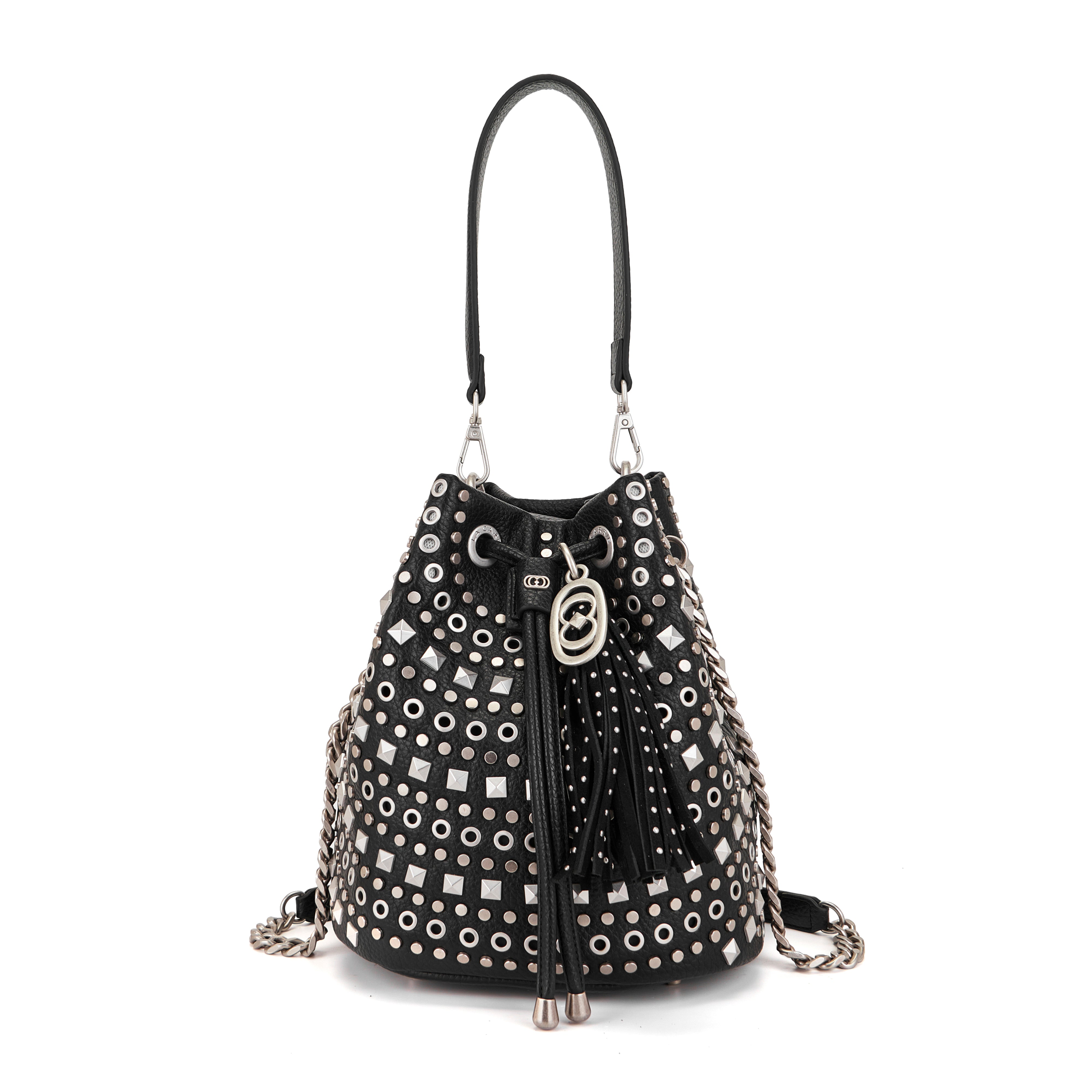 Borsa Secchiello La Carrie Solid in Ecopelle Nera con Borchie – Borsa a Spalla con Catena