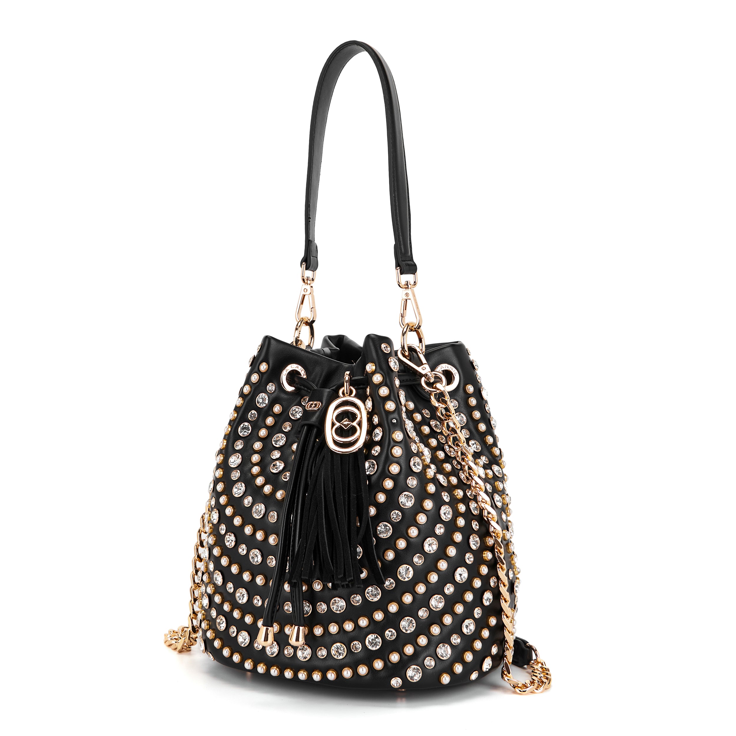 Borsa Secchiello La Carrie Andromeda in Ecopelle – Borsa a Spalla con Borchie e Strass