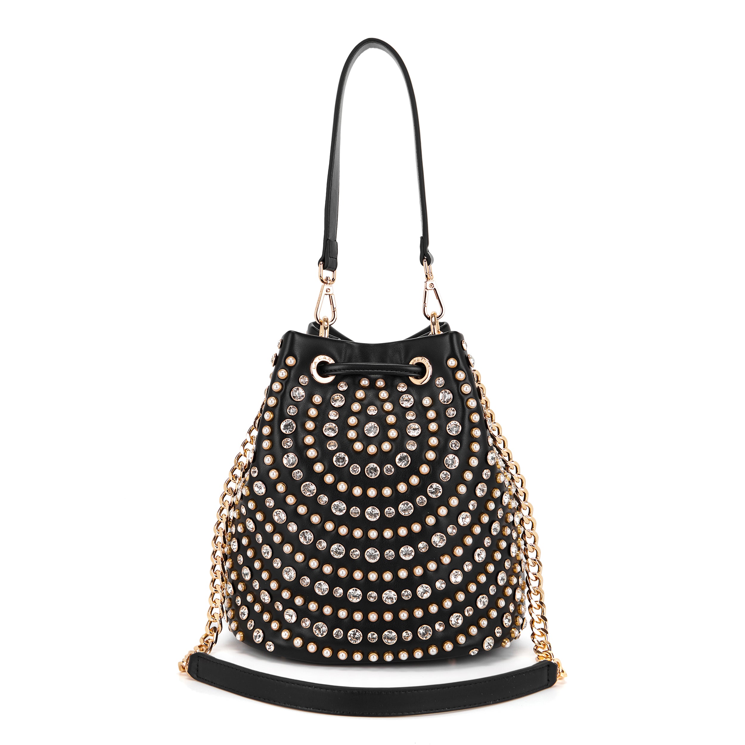 Borsa Secchiello La Carrie Andromeda in Ecopelle – Borsa a Spalla con Borchie e Strass