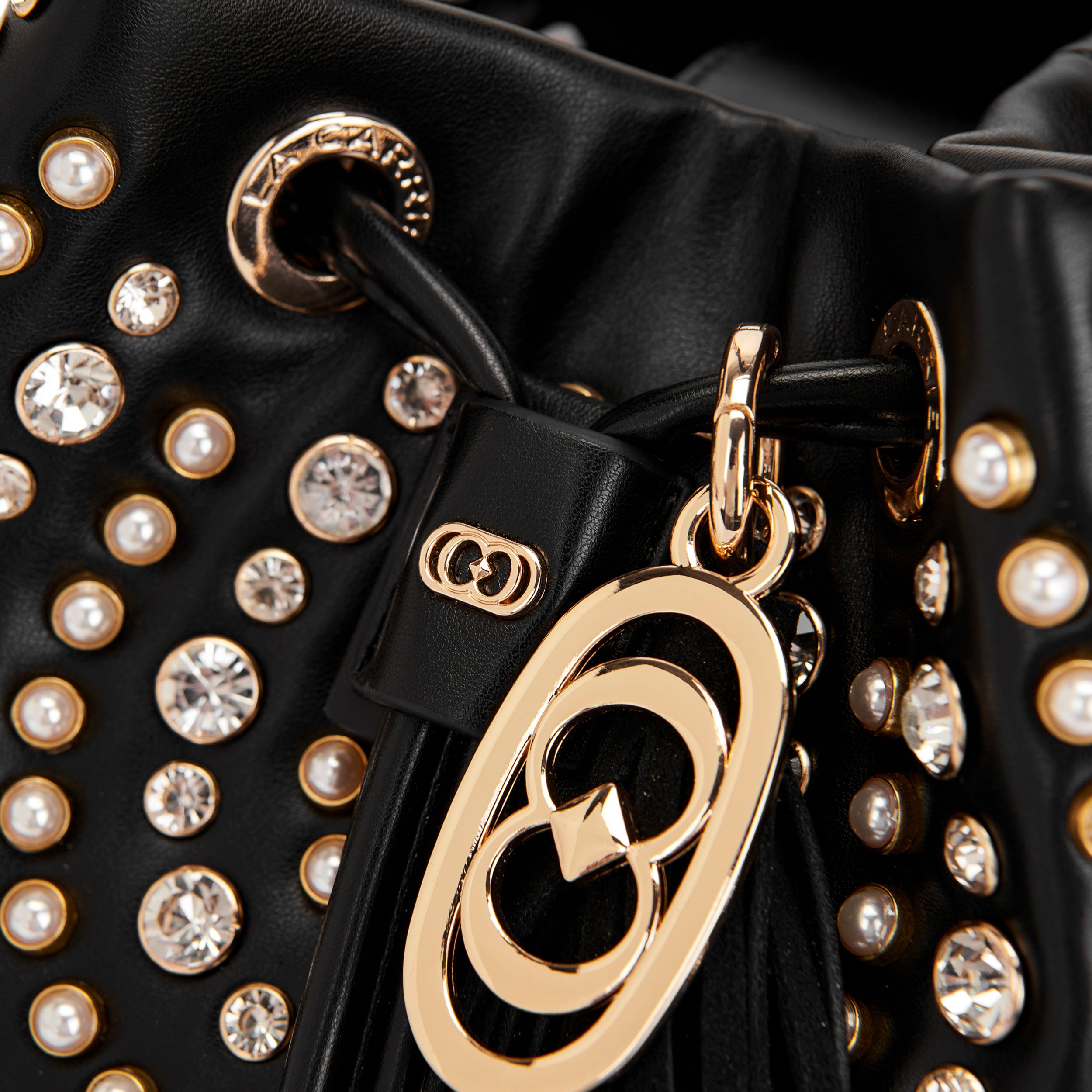 Borsa Secchiello La Carrie Andromeda in Ecopelle – Borsa a Spalla con Borchie e Strass