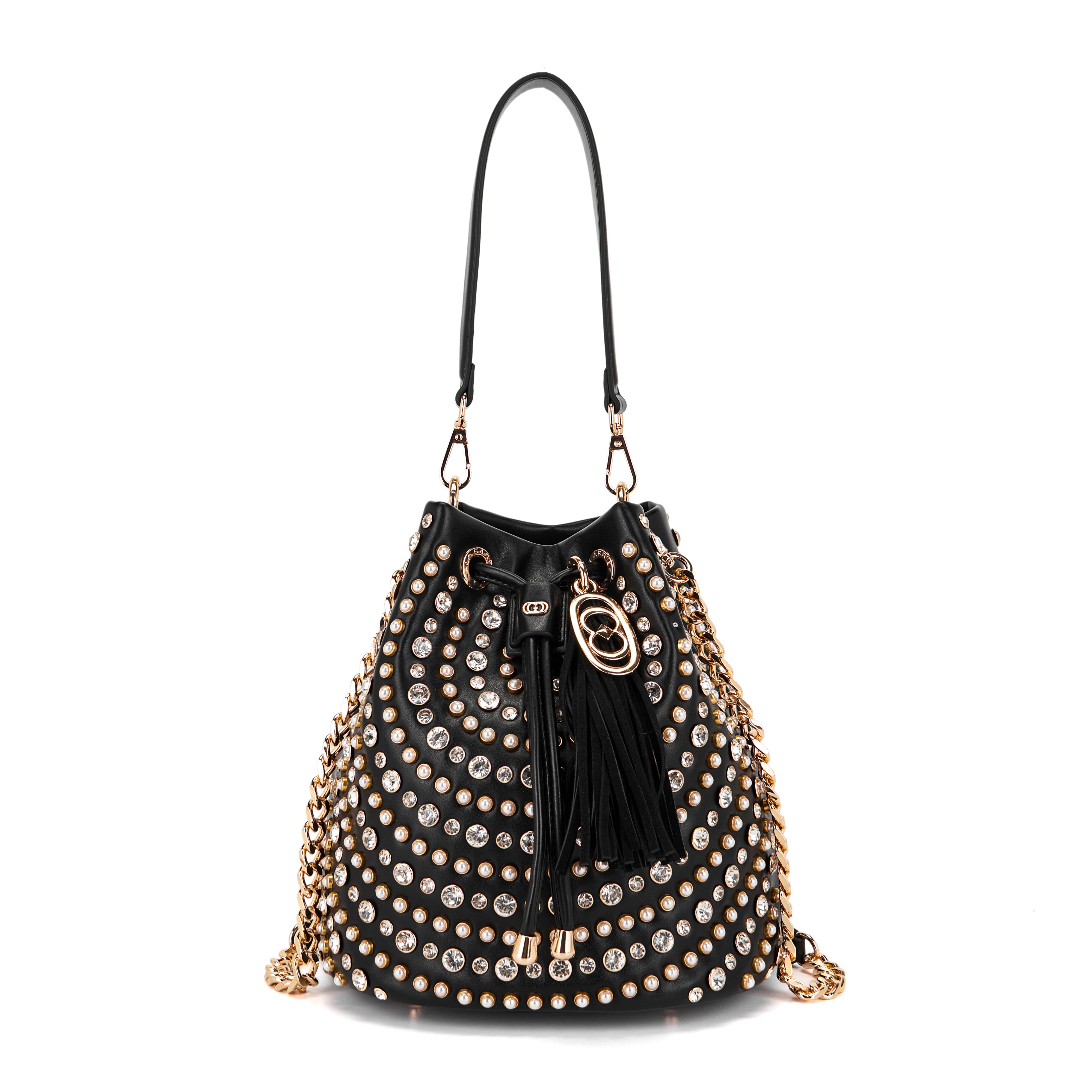 Borsa Secchiello La Carrie Andromeda in Ecopelle – Borsa a Spalla con Borchie e Strass