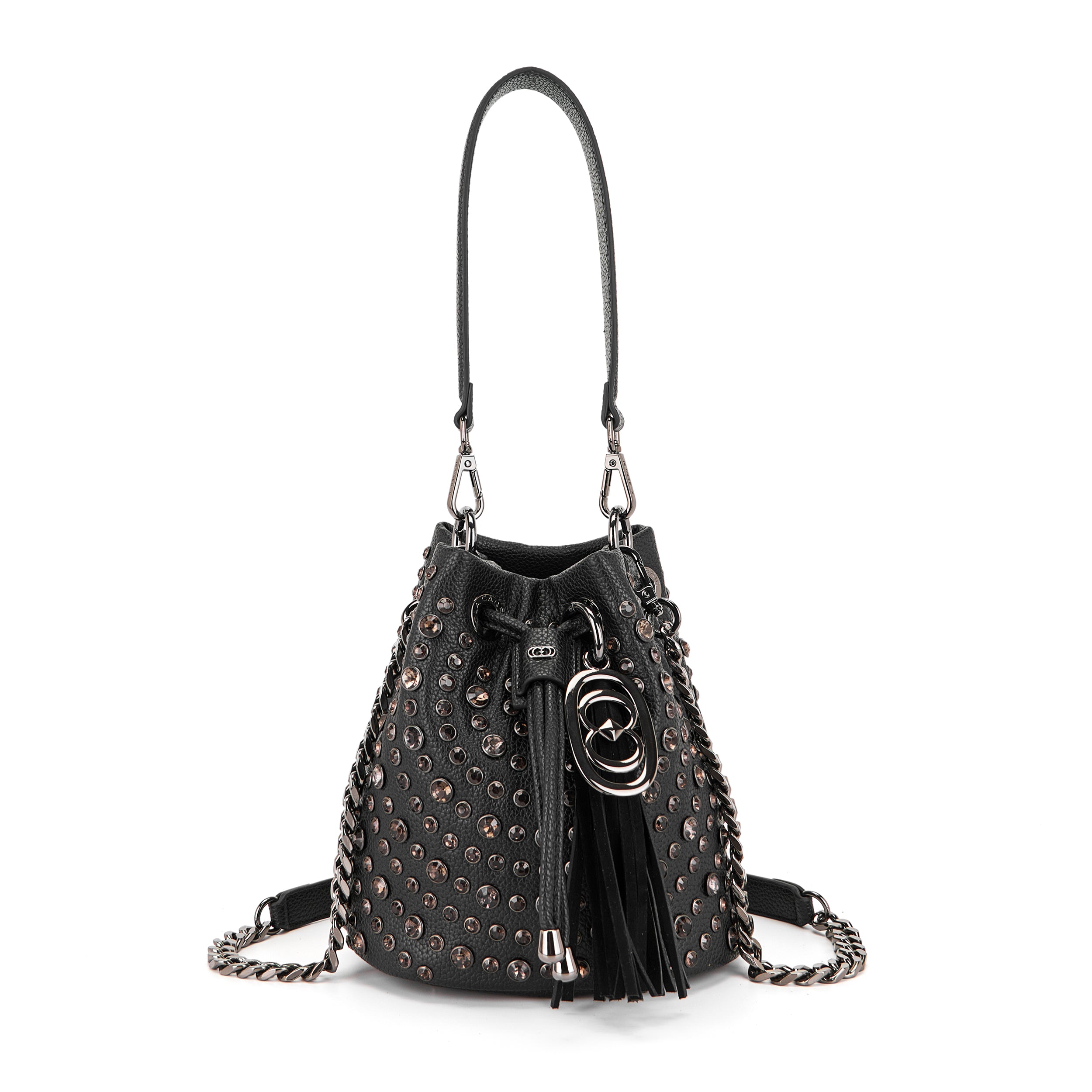 Borsa Secchiello La Carrie Andromeda in Ecopelle TPU – Borsa a Spalla con Borchie e Strass