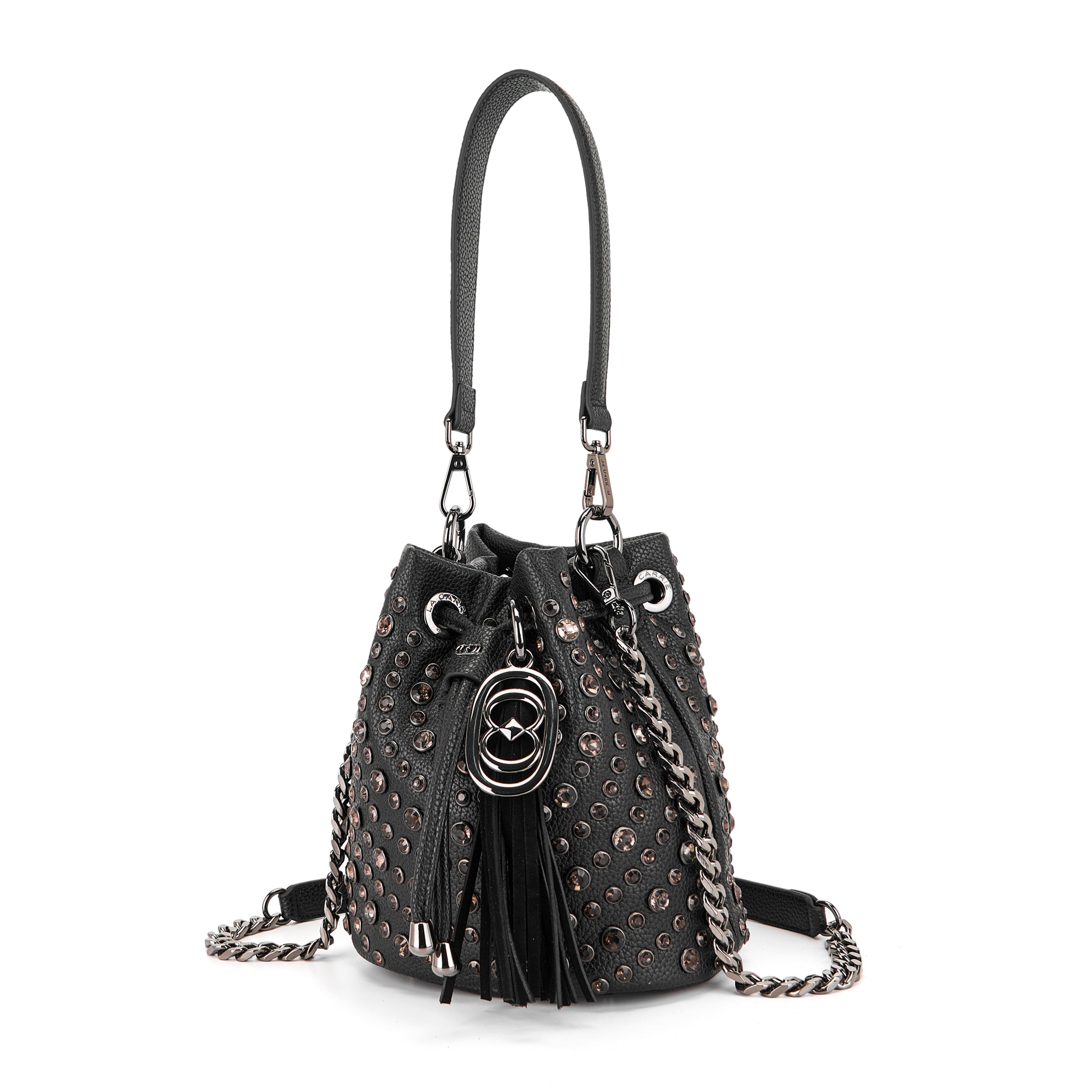 Borsa Secchiello La Carrie Andromeda in Ecopelle TPU – Borsa a Spalla con Borchie e Strass