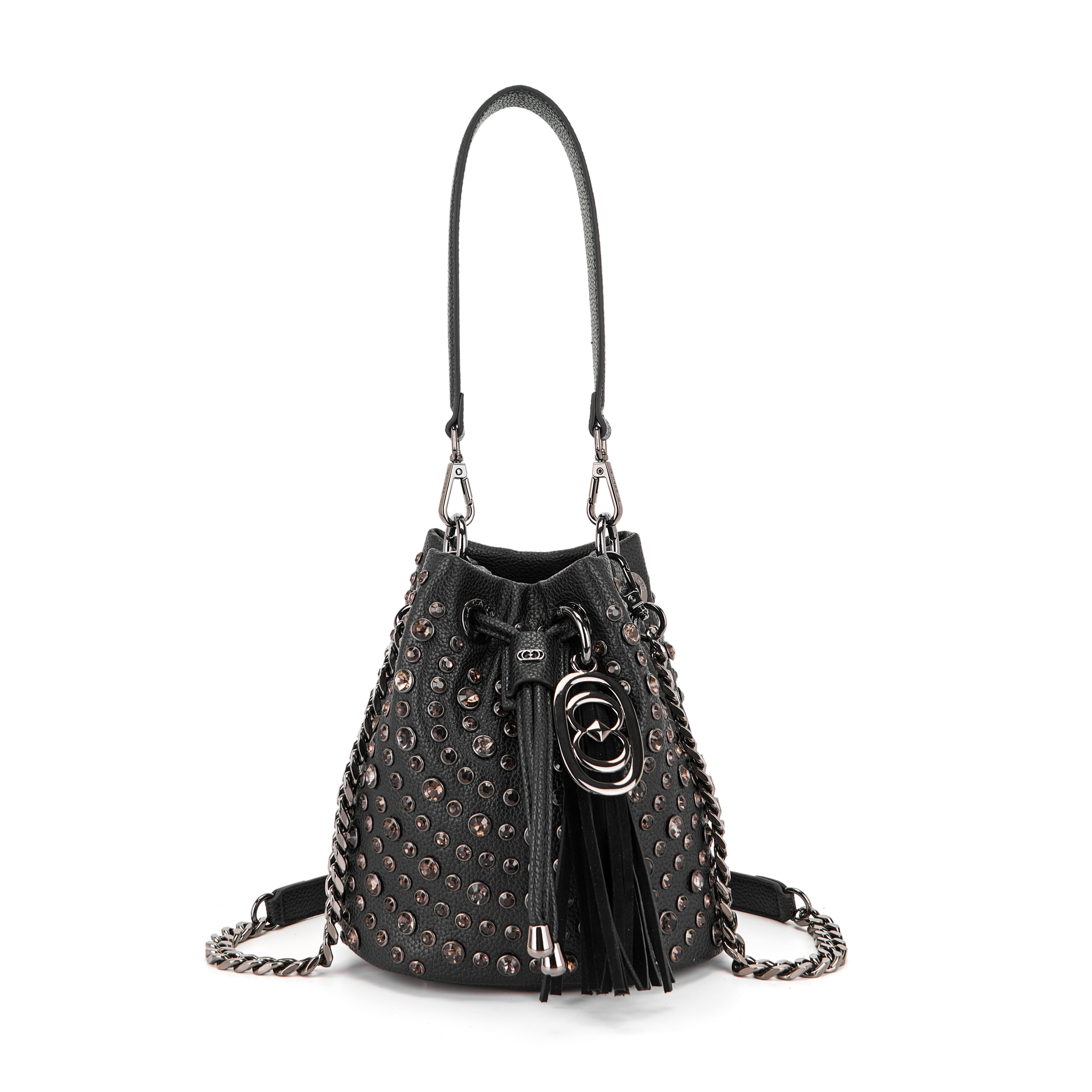 Borsa Secchiello La Carrie Andromeda in Ecopelle TPU – Borsa a Spalla con Borchie e Strass