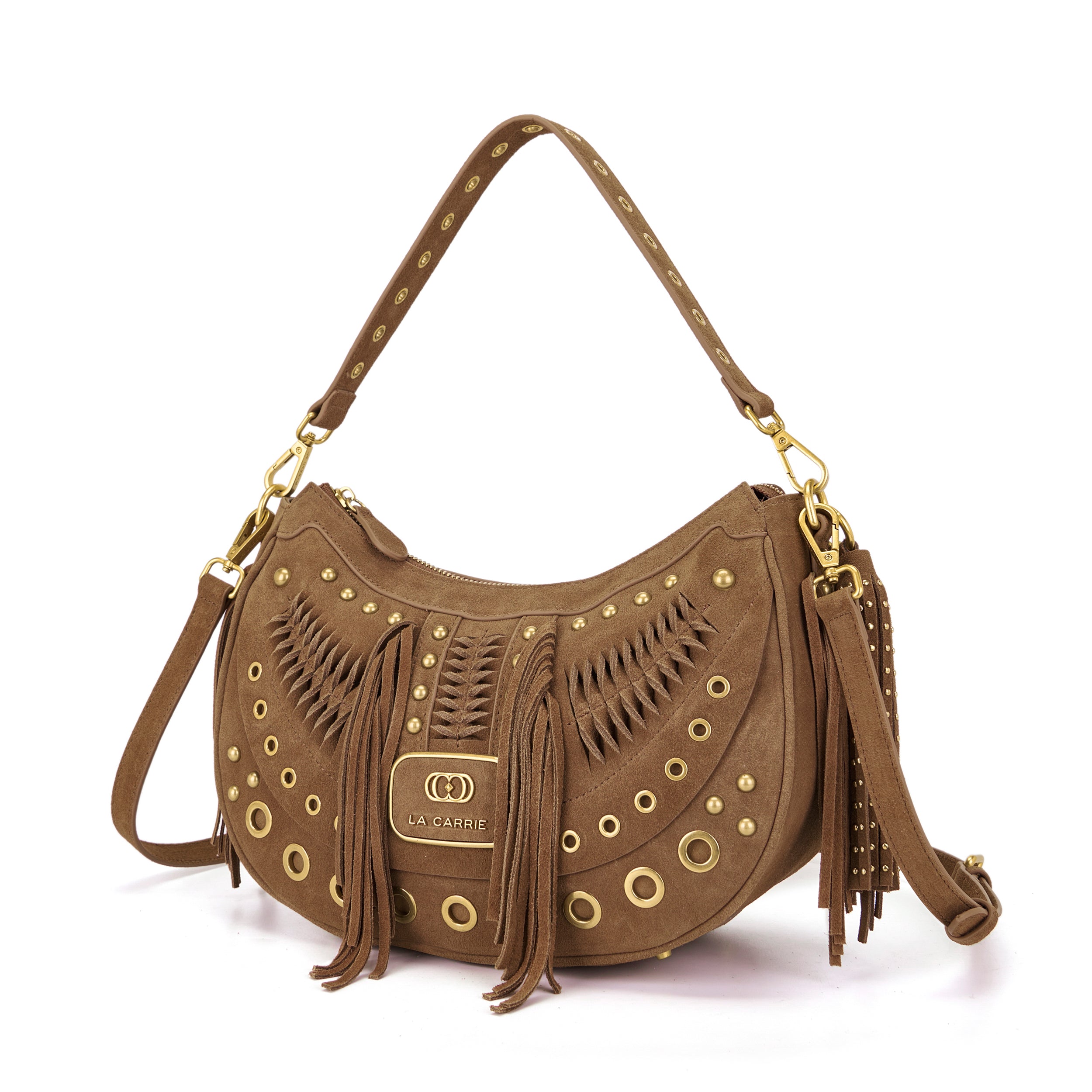 Borsa a Spalla La Carrie Appallosa in Camoscio Cuoio con Frange – Borsa Mezzaluna Boho Chic