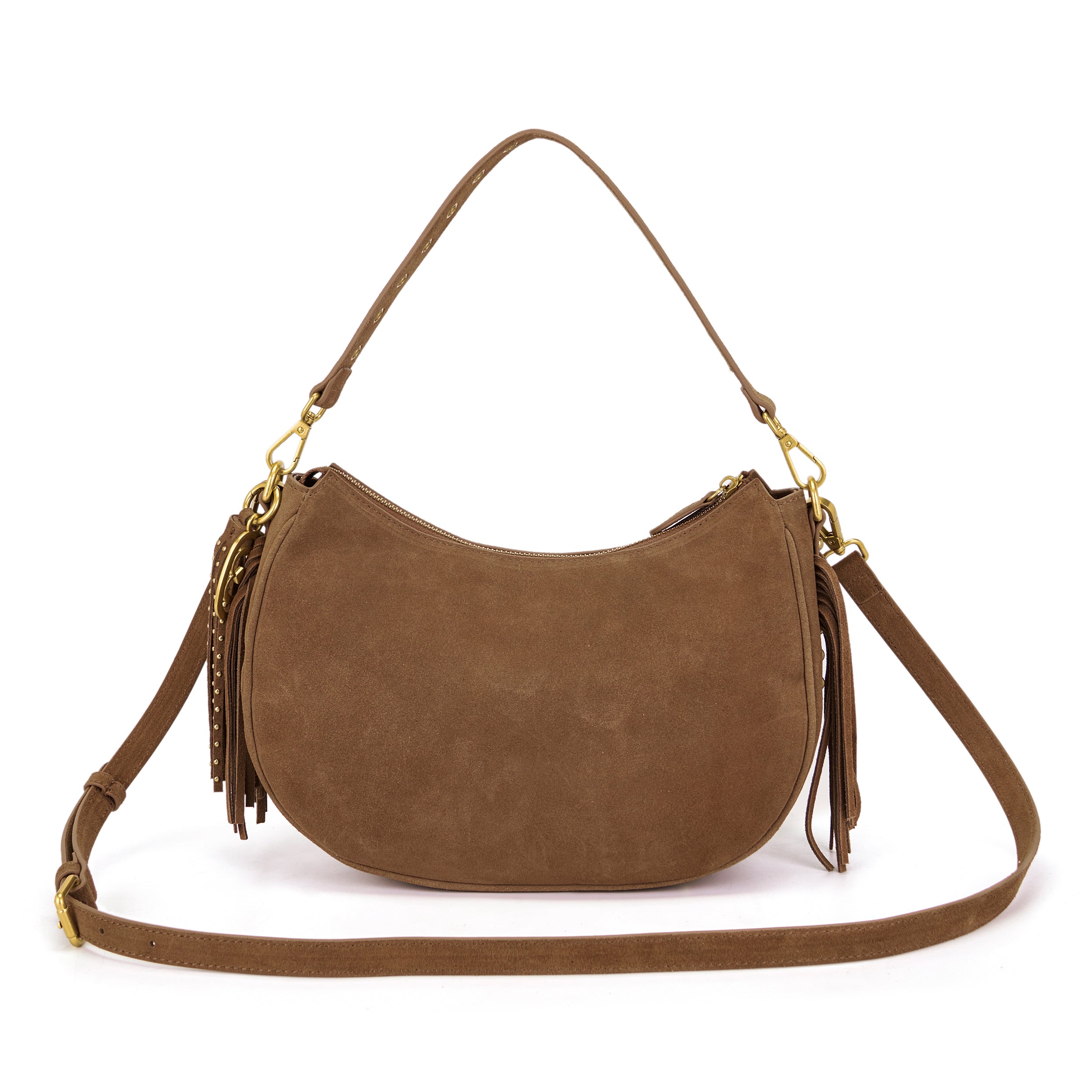 Borsa a Spalla La Carrie Appallosa in Camoscio Cuoio con Frange – Borsa Mezzaluna Boho Chic