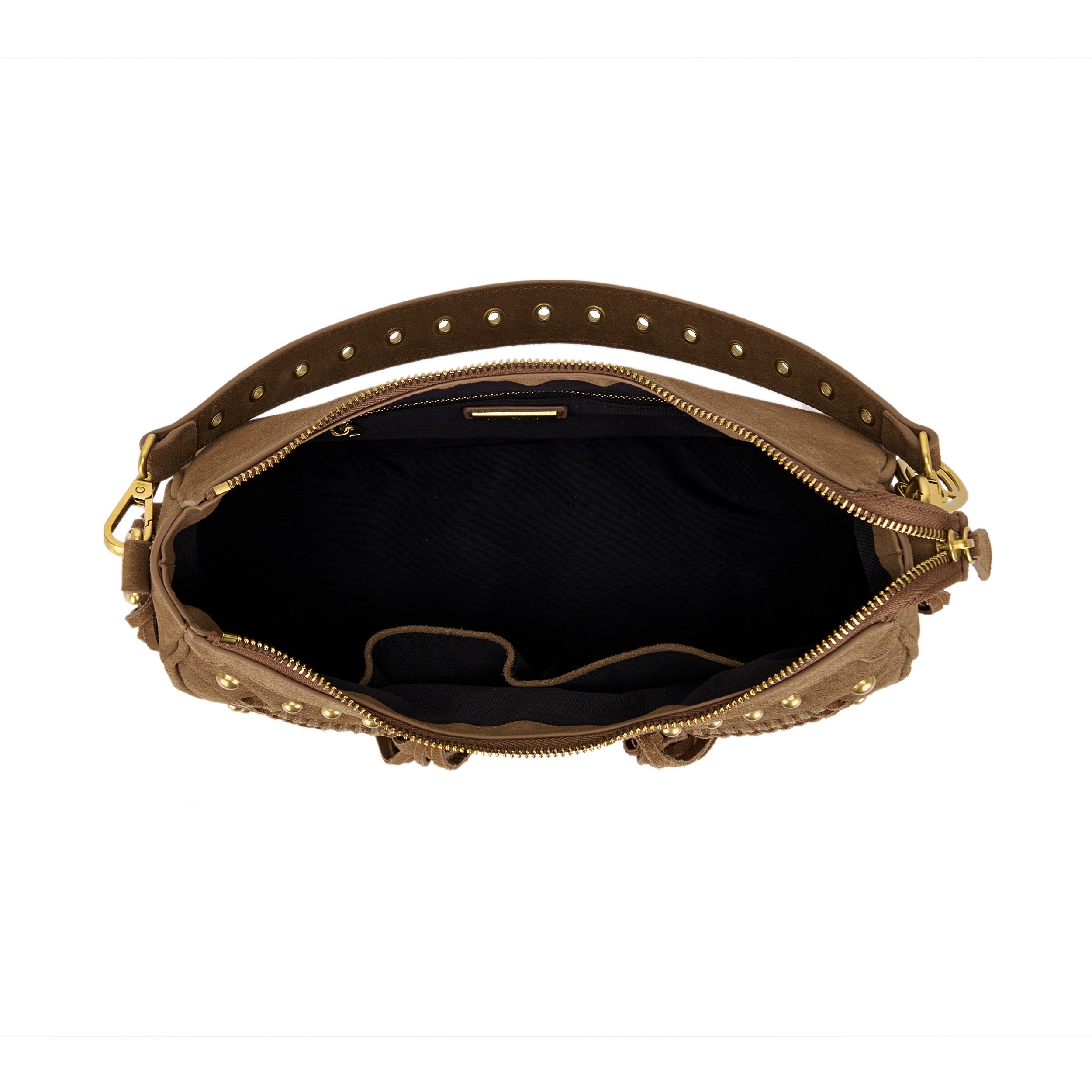 Borsa a Spalla La Carrie Appallosa in Camoscio Cuoio con Frange – Borsa Mezzaluna Boho Chic