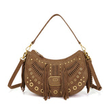 Borsa a Spalla La Carrie Appallosa in Camoscio Cuoio con Frange – Borsa Mezzaluna Boho Chic