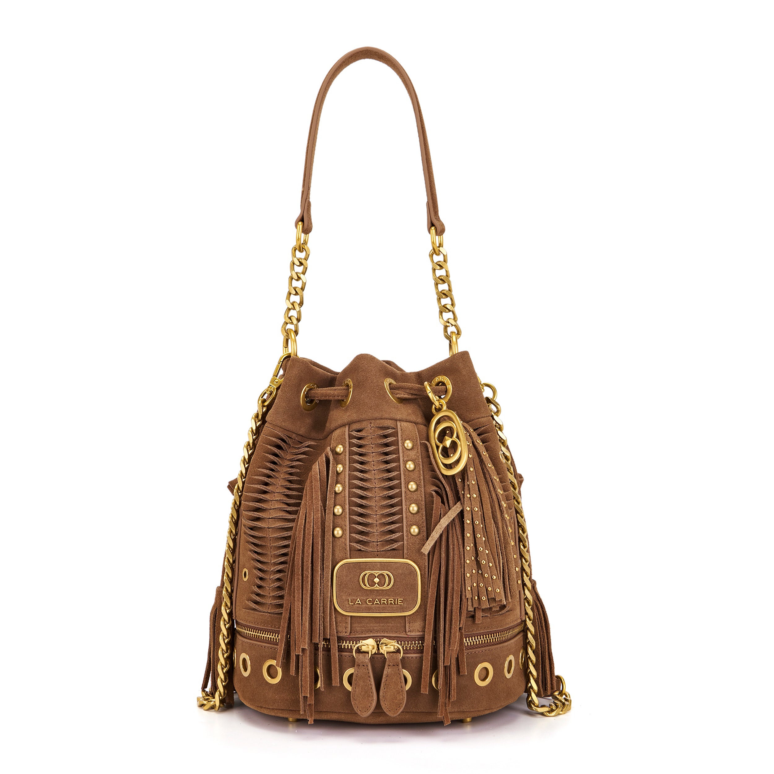 Borsa Secchiello La Carrie in Camoscio Marrone con Frange – Borsa a Spalla con Borchie