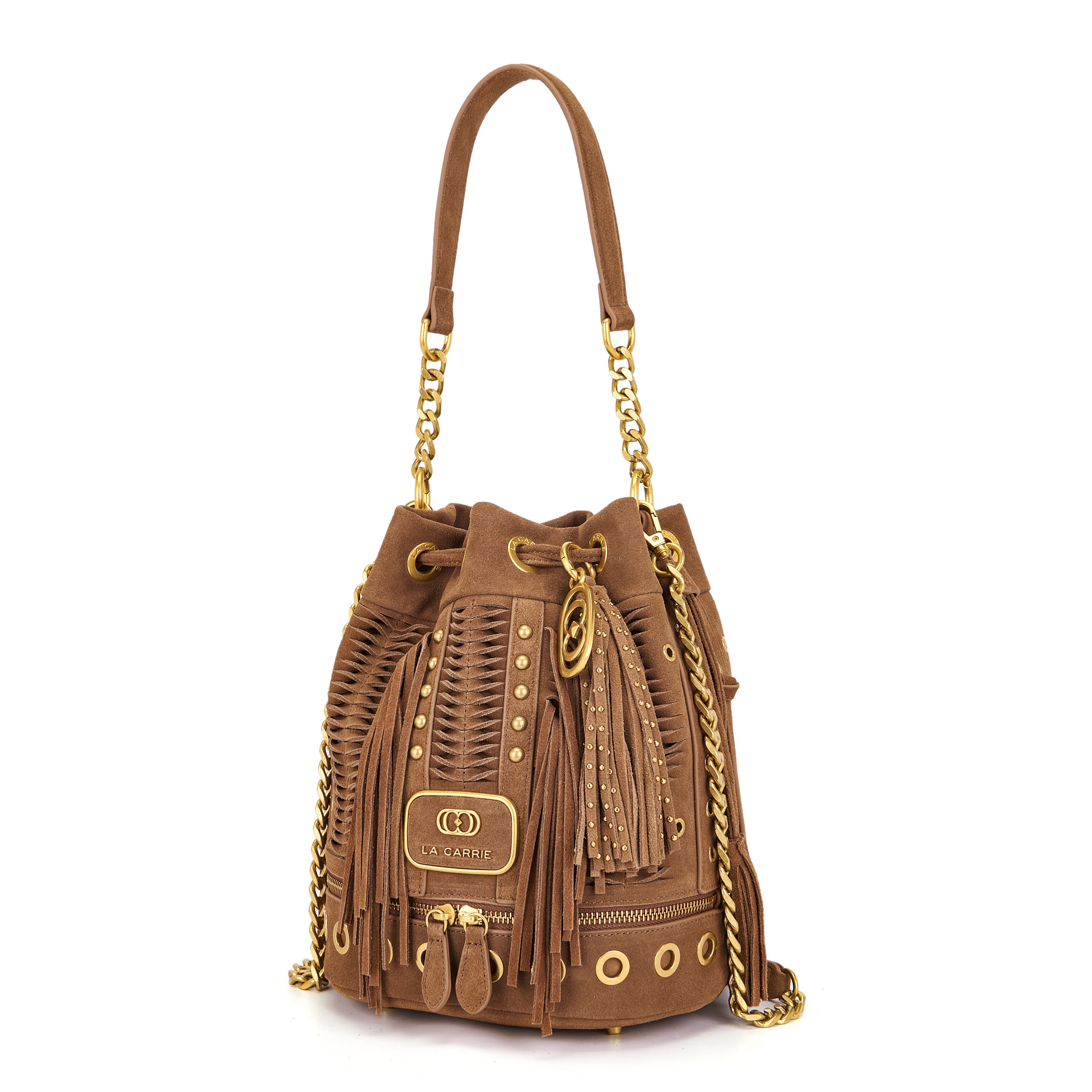 Borsa Secchiello La Carrie in Camoscio Marrone con Frange – Borsa a Spalla con Borchie