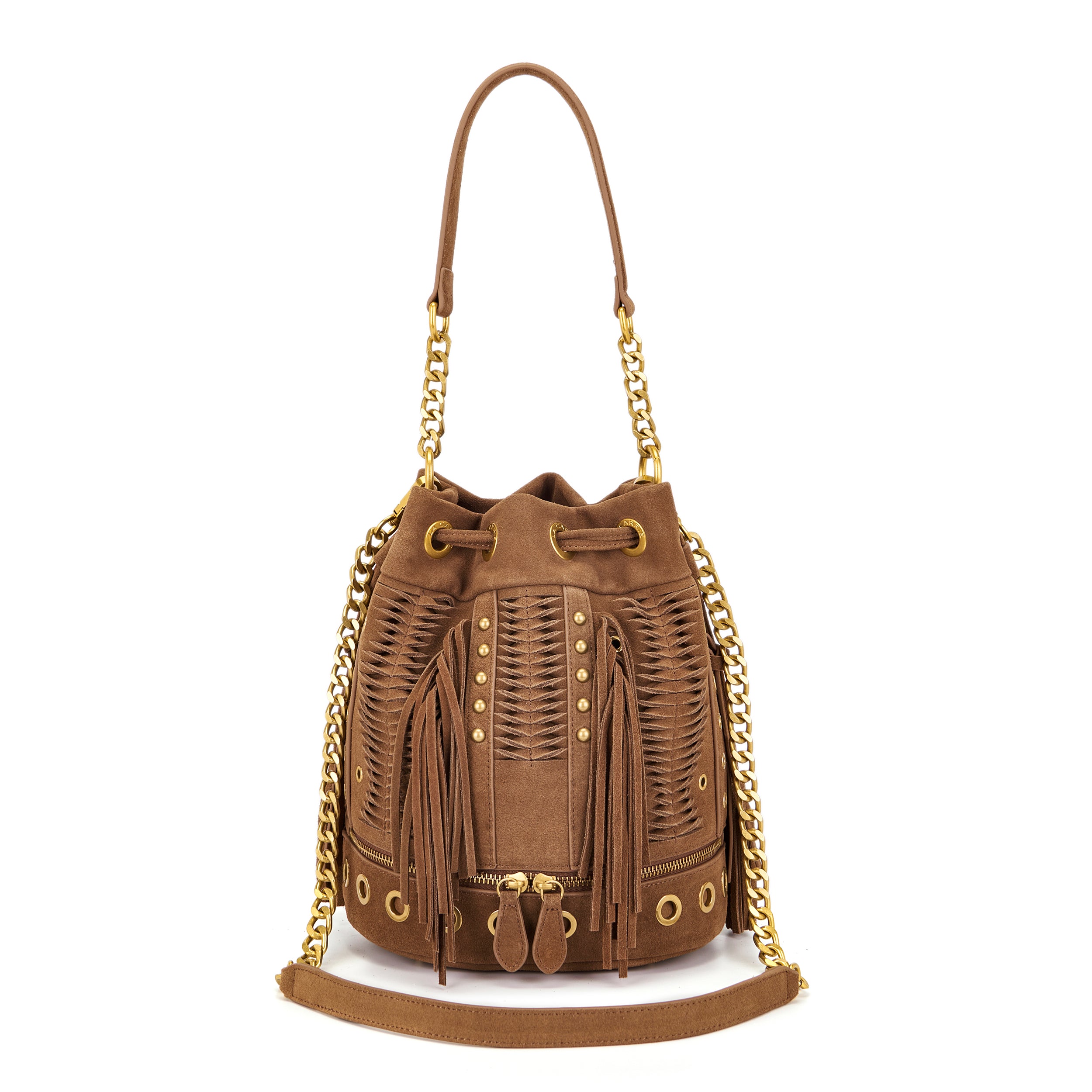 Borsa Secchiello La Carrie in Camoscio Marrone con Frange – Borsa a Spalla con Borchie