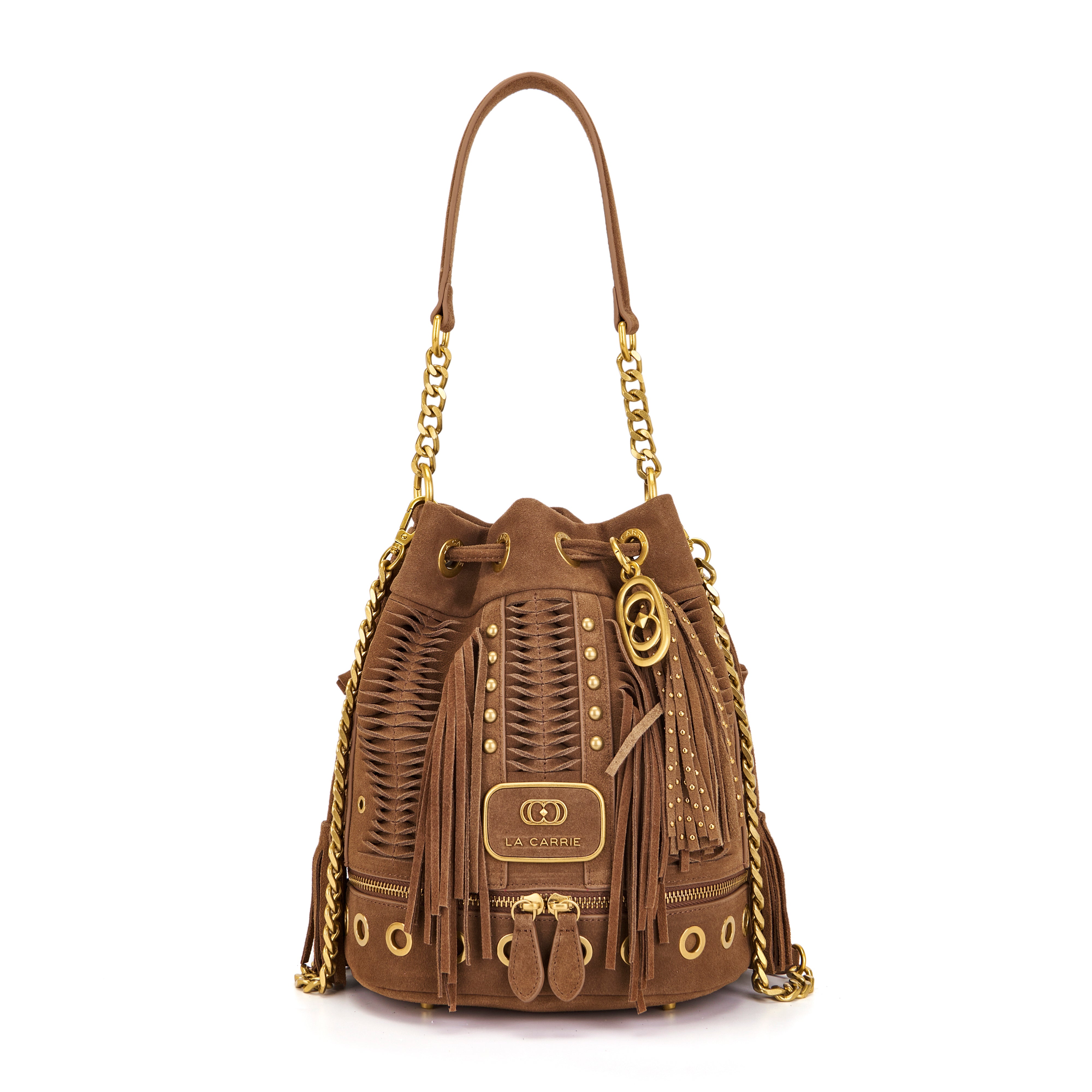 Borsa Secchiello La Carrie in Camoscio Marrone con Frange – Borsa a Spalla con Borchie