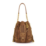 Borsa Secchiello La Carrie in Camoscio Marrone con Frange – Borsa a Spalla con Borchie