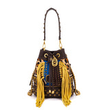 Borsa Secchiello La Carrie Jungle Animalier con Frange e Borchie – Borsa a Spalla con Cristalli