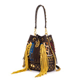 Borsa Secchiello La Carrie Jungle Animalier con Frange e Borchie – Borsa a Spalla con Cristalli