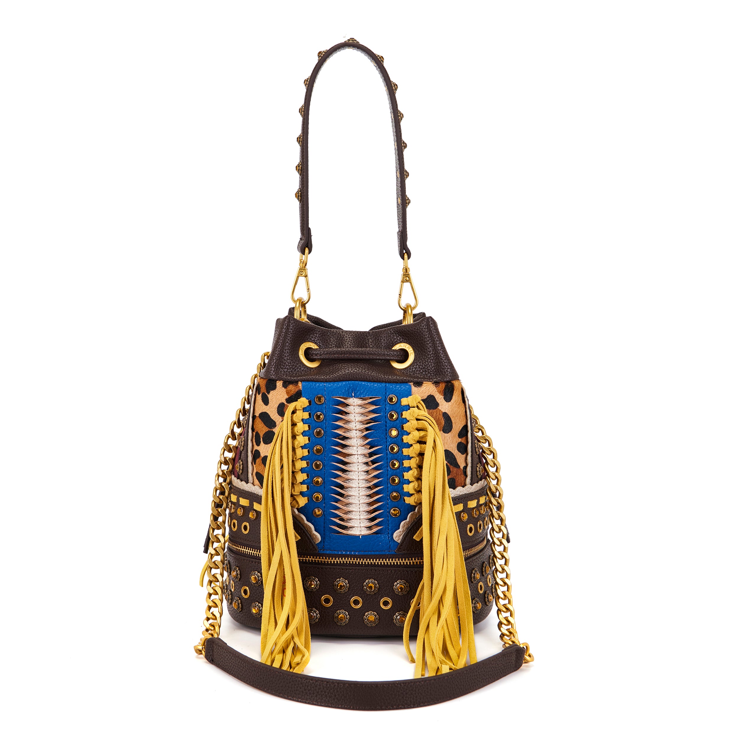 Borsa Secchiello La Carrie Jungle Animalier con Frange e Borchie – Borsa a Spalla con Cristalli