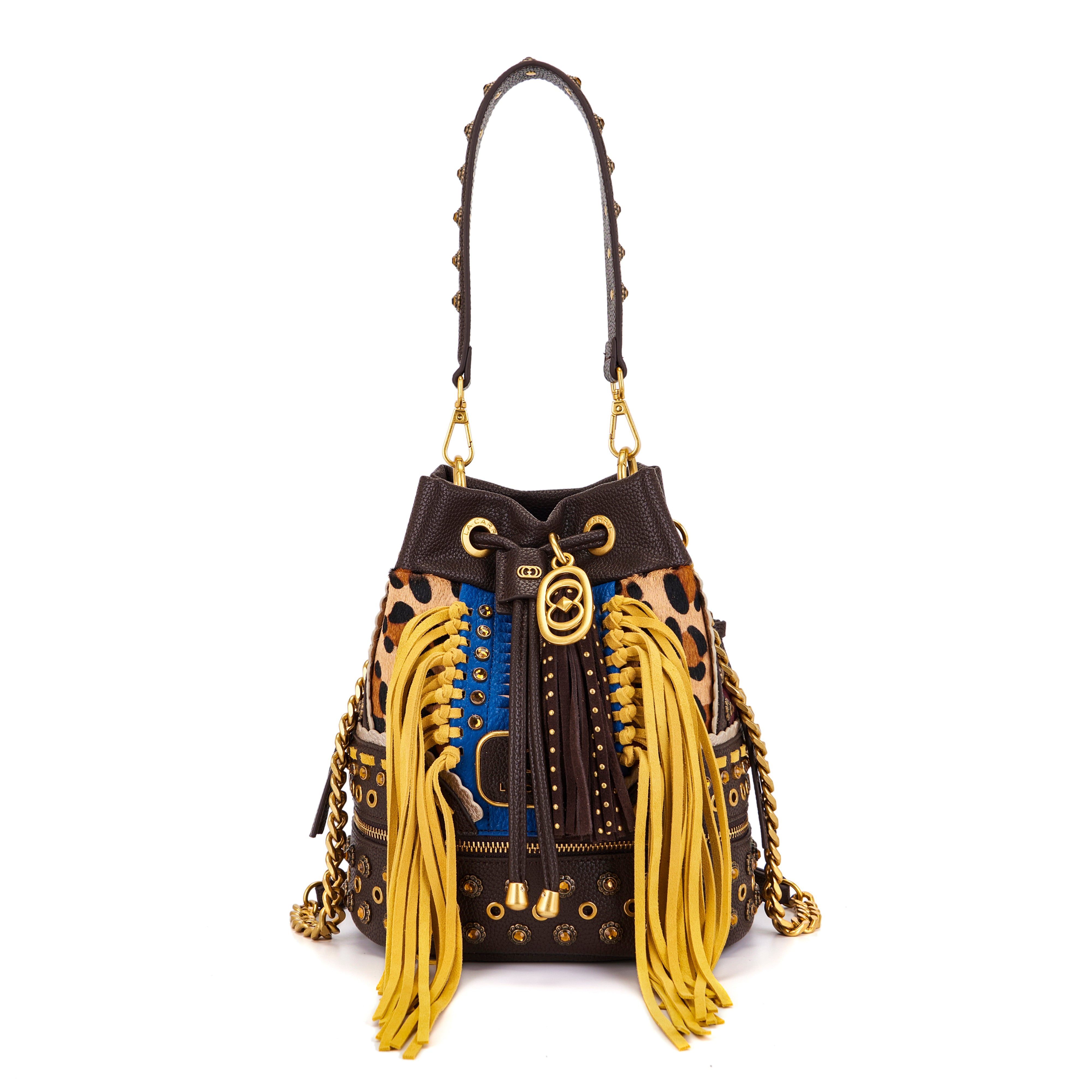 Borsa Secchiello La Carrie Jungle Animalier con Frange e Borchie – Borsa a Spalla con Cristalli