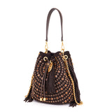 Borsa Secchiello La Carrie Andromeda in Camoscio Marrone con Strass – Borsa a Spalla con Borchie e Cristalli