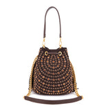 Borsa Secchiello La Carrie Andromeda in Camoscio Marrone con Strass – Borsa a Spalla con Borchie e Cristalli