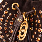 Borsa Secchiello La Carrie Andromeda in Camoscio Marrone con Strass – Borsa a Spalla con Borchie e Cristalli