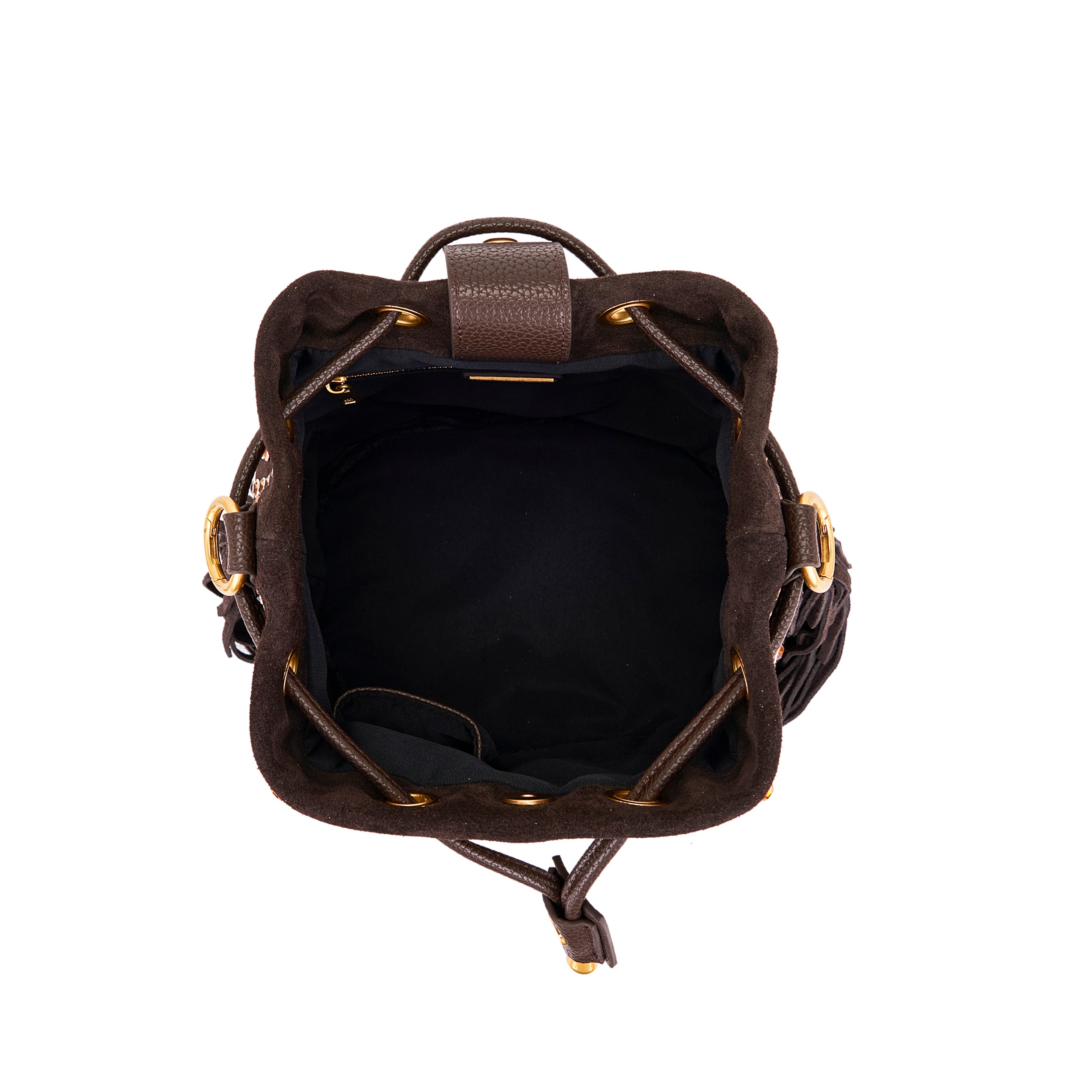 Borsa Secchiello La Carrie Andromeda in Camoscio Marrone con Strass – Borsa a Spalla con Borchie e Cristalli