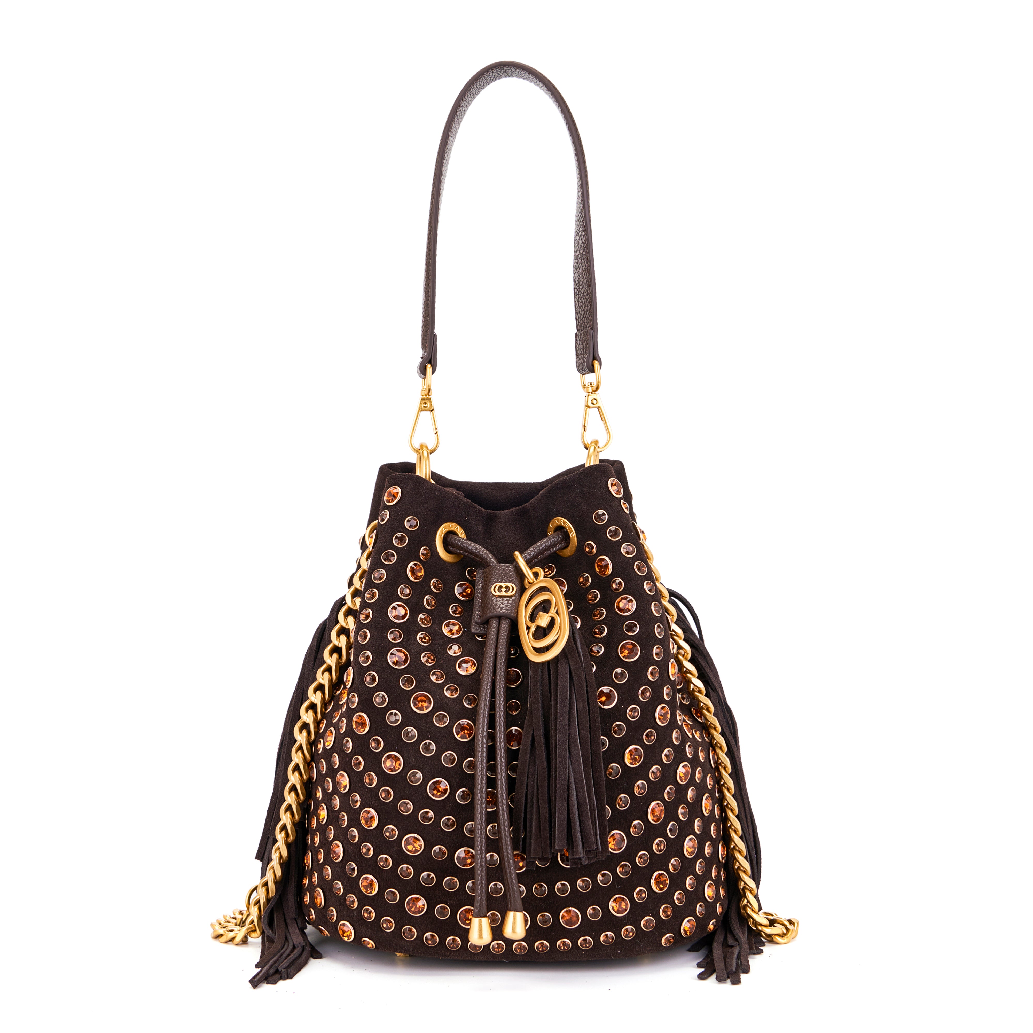 Borsa Secchiello La Carrie Andromeda in Camoscio Marrone con Strass – Borsa a Spalla con Borchie e Cristalli