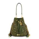 Borsa Secchiello La Carrie Andromeda in Camoscio Verde con Strass – Borsa a Spalla con Borchie e Cristalli