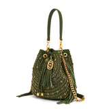 Borsa Secchiello La Carrie Andromeda in Camoscio Verde con Strass – Borsa a Spalla con Borchie e Cristalli