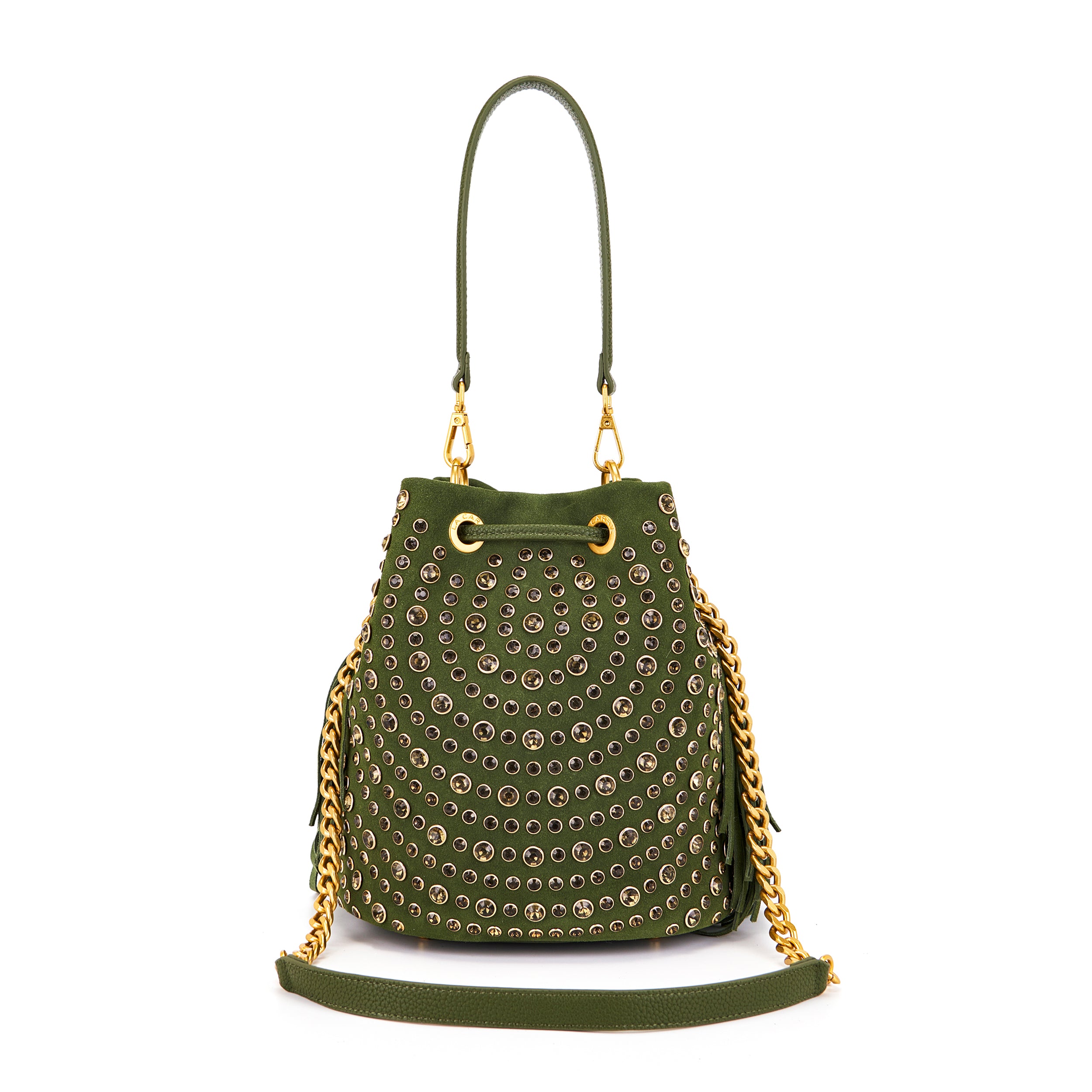 Borsa Secchiello La Carrie Andromeda in Camoscio Verde con Strass – Borsa a Spalla con Borchie e Cristalli