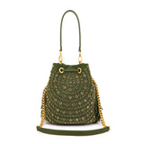 Borsa Secchiello La Carrie Andromeda in Camoscio Verde con Strass – Borsa a Spalla con Borchie e Cristalli