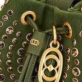 Borsa Secchiello La Carrie Andromeda in Camoscio Verde con Strass – Borsa a Spalla con Borchie e Cristalli