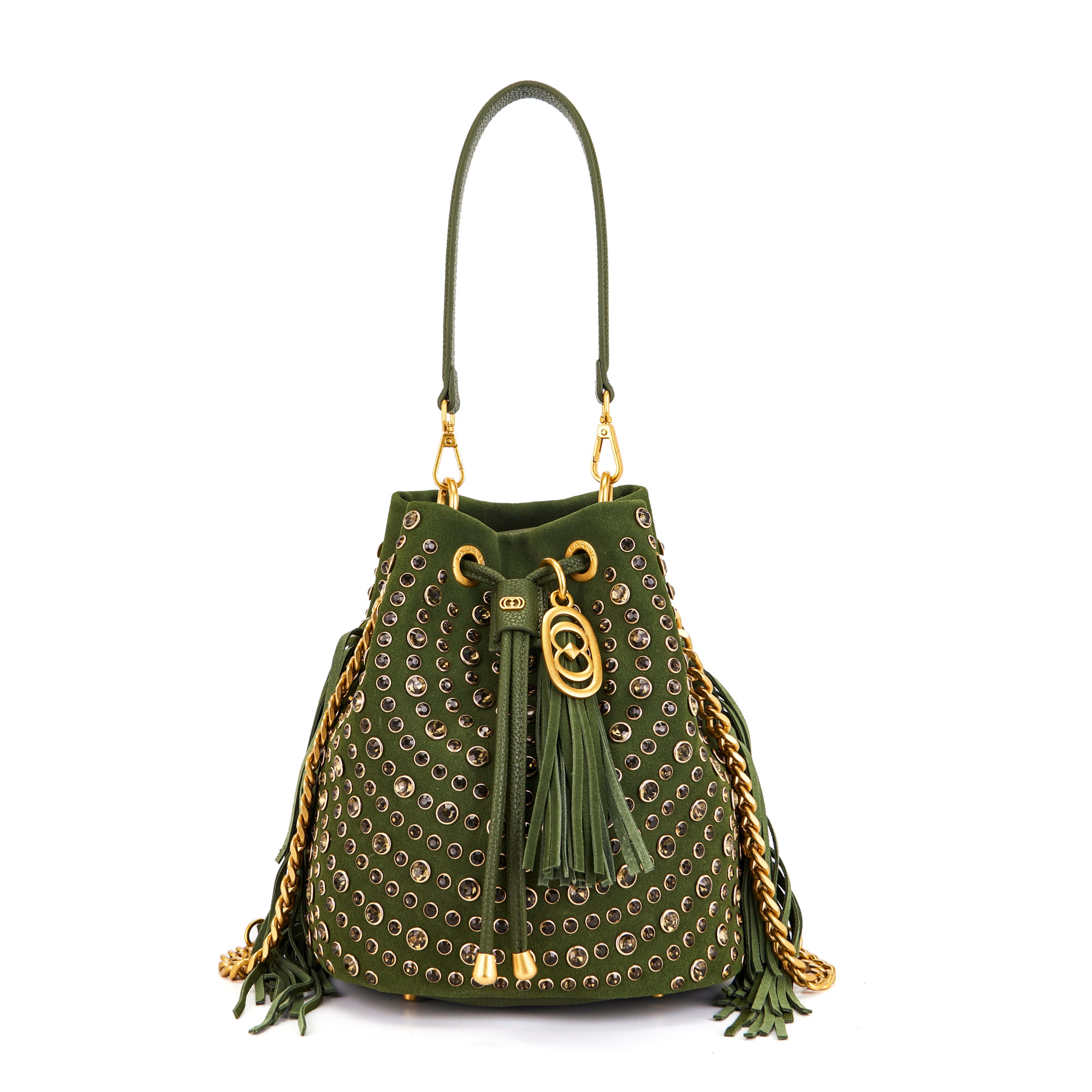 Borsa Secchiello La Carrie Andromeda in Camoscio Verde con Strass – Borsa a Spalla con Borchie e Cristalli
