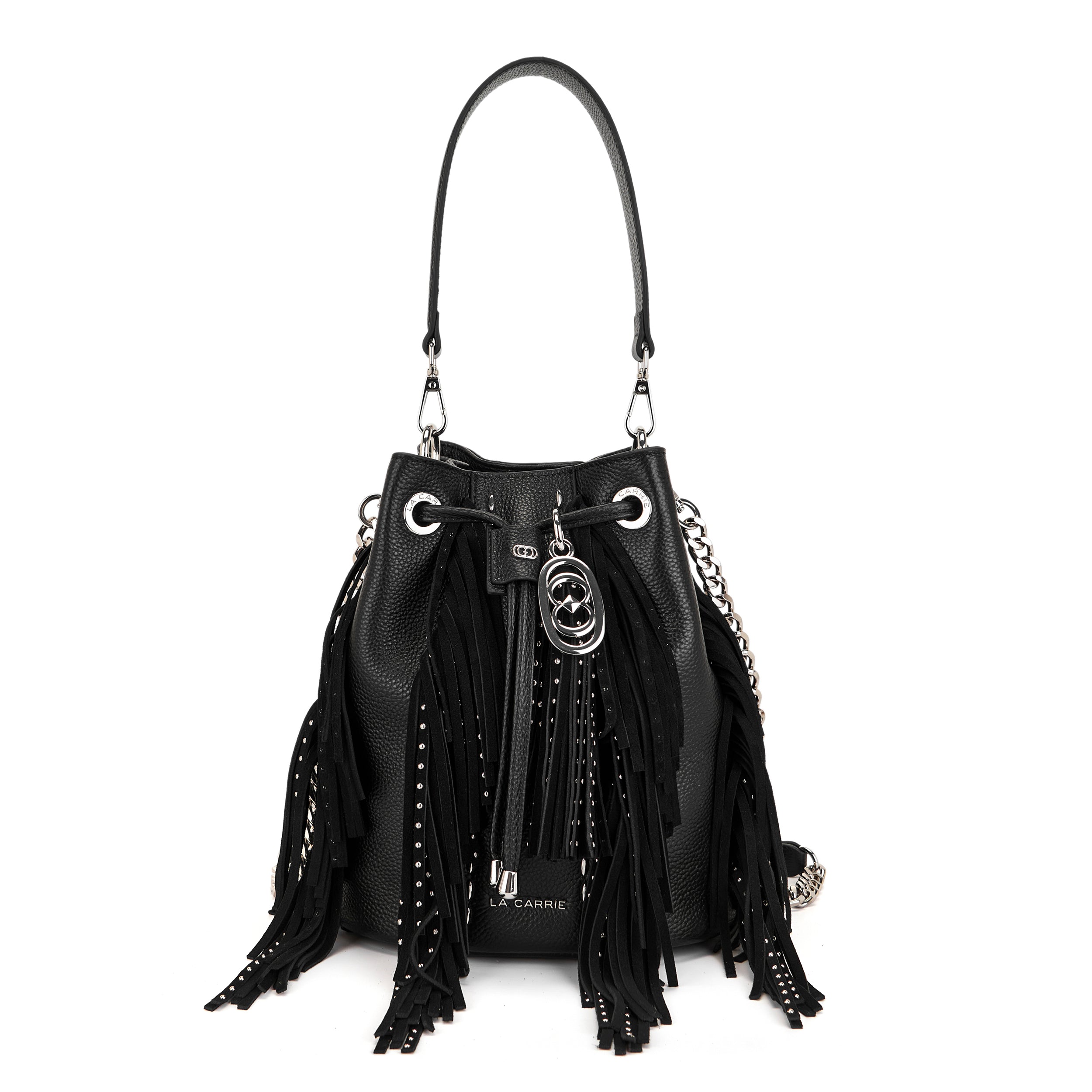 Borsa Secchiello La Carrie Rock in Pelle Bottalata Nera con Frange e Strass – Secchiello con Tracolla